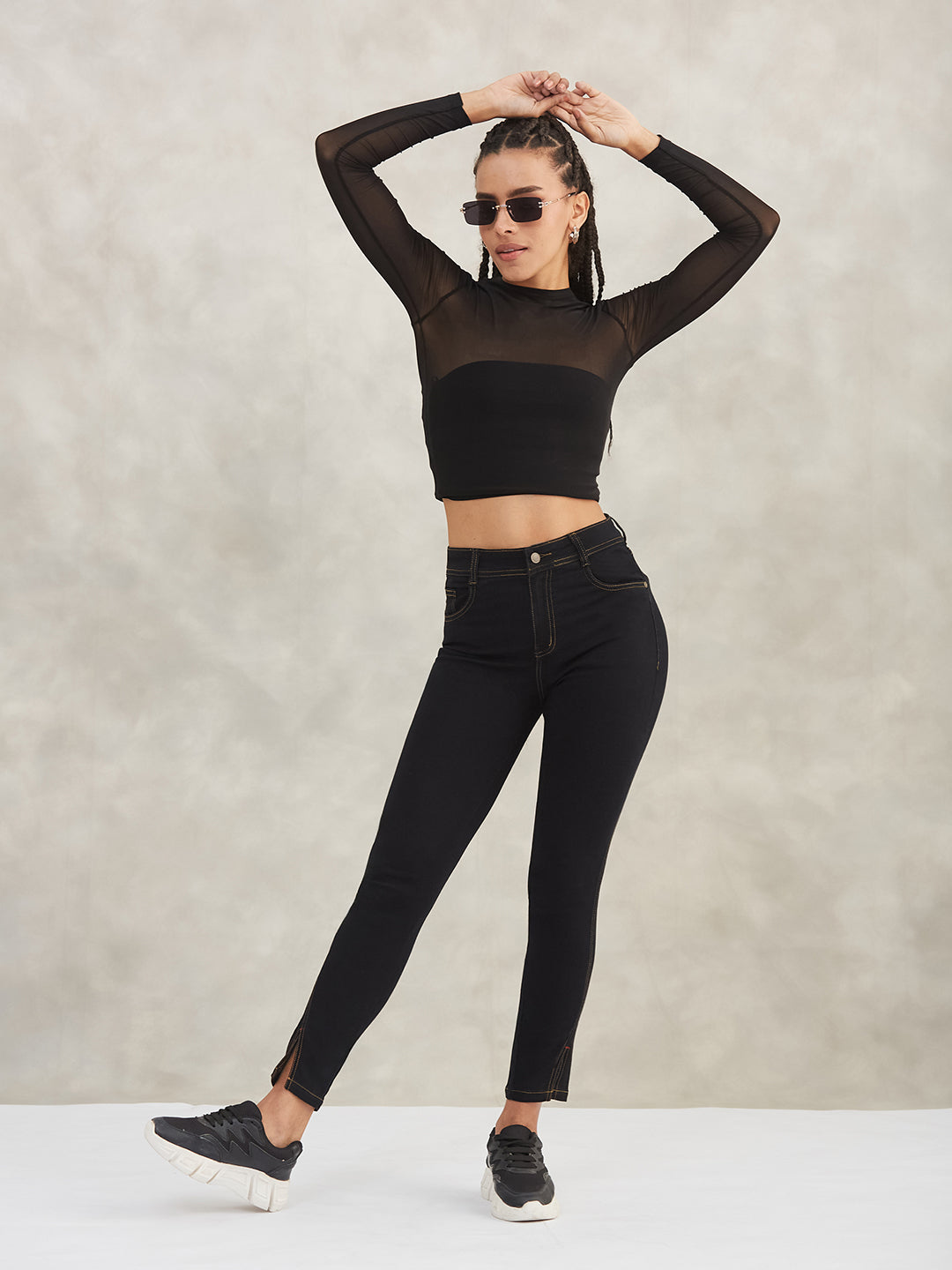 Women's Black Skinny High-Rise Side-Slit Solid Stretchable Denim Jeans