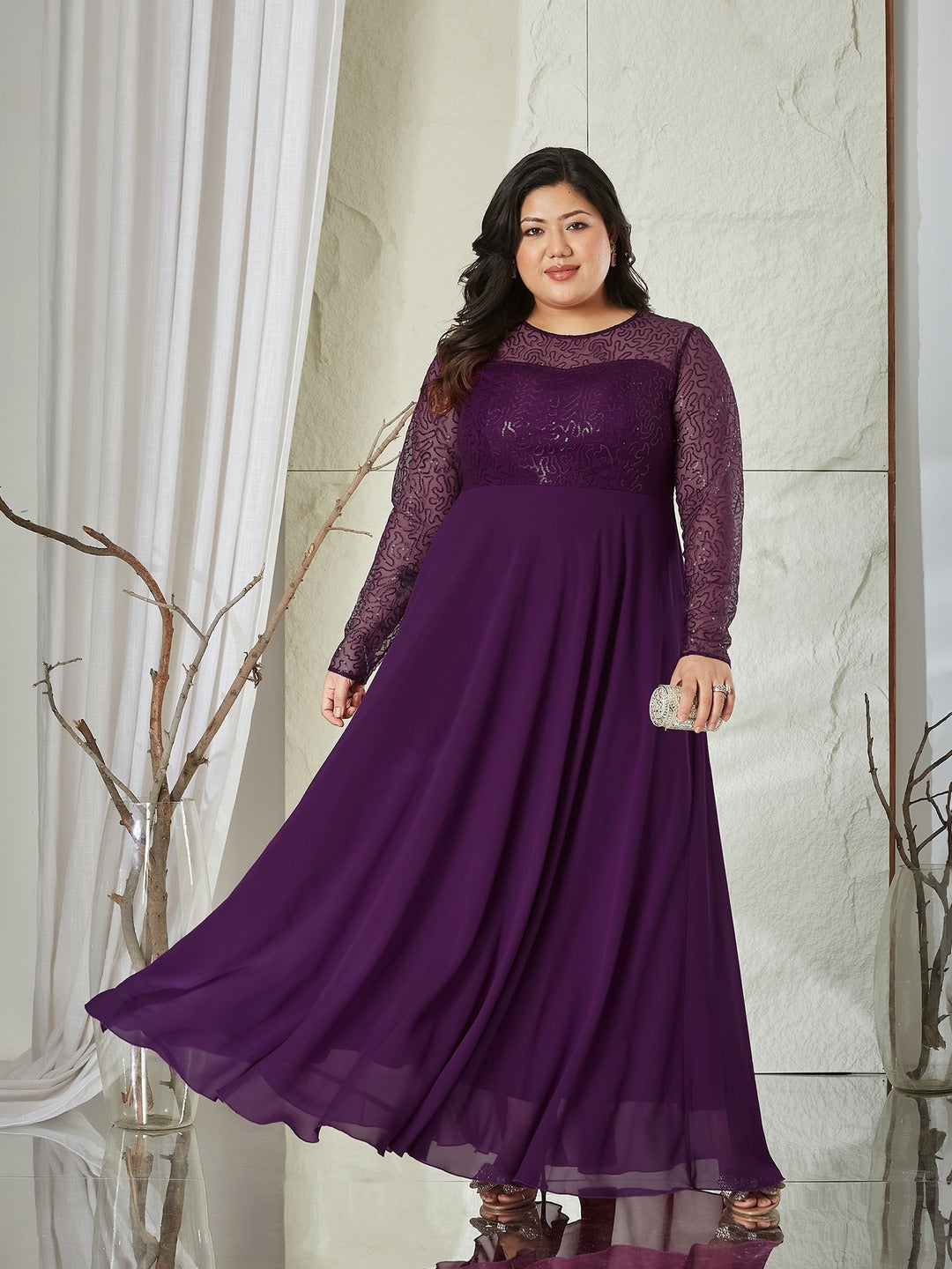 Dark Purple Solid Embellished Maxi Dress for Women