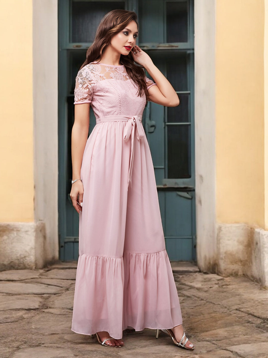 Women's Dusty Pink Round Neck Short Sleeve Solid Lace Overlaid Regular Jumpsuit