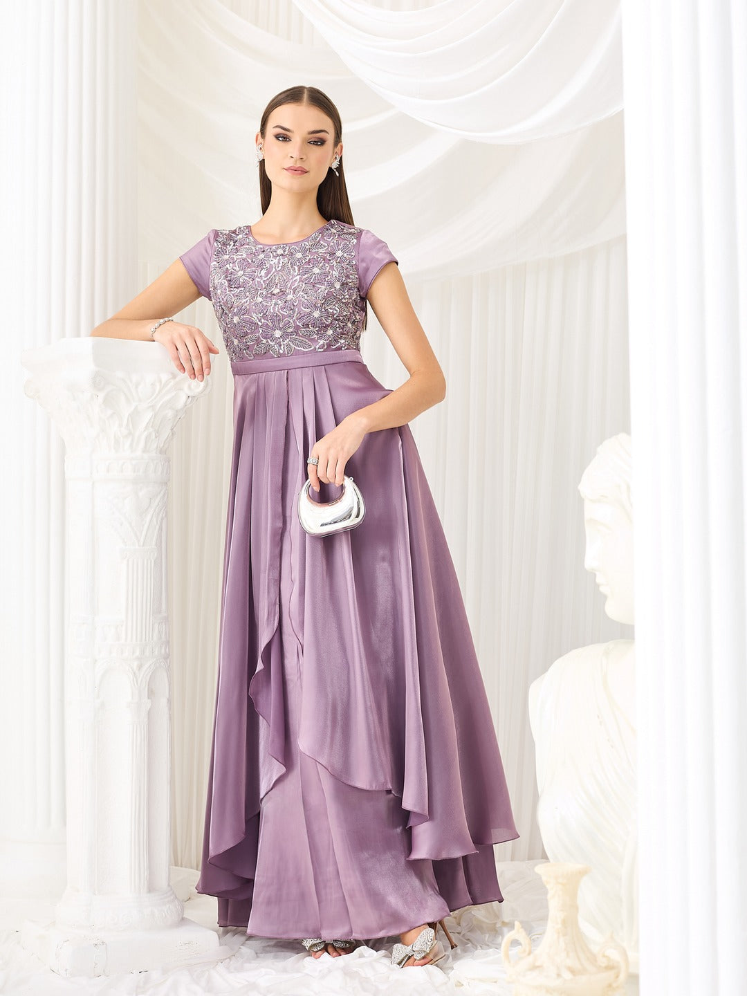 Embroidered Gown in Dusty Purple Layered Premium Satin for Women