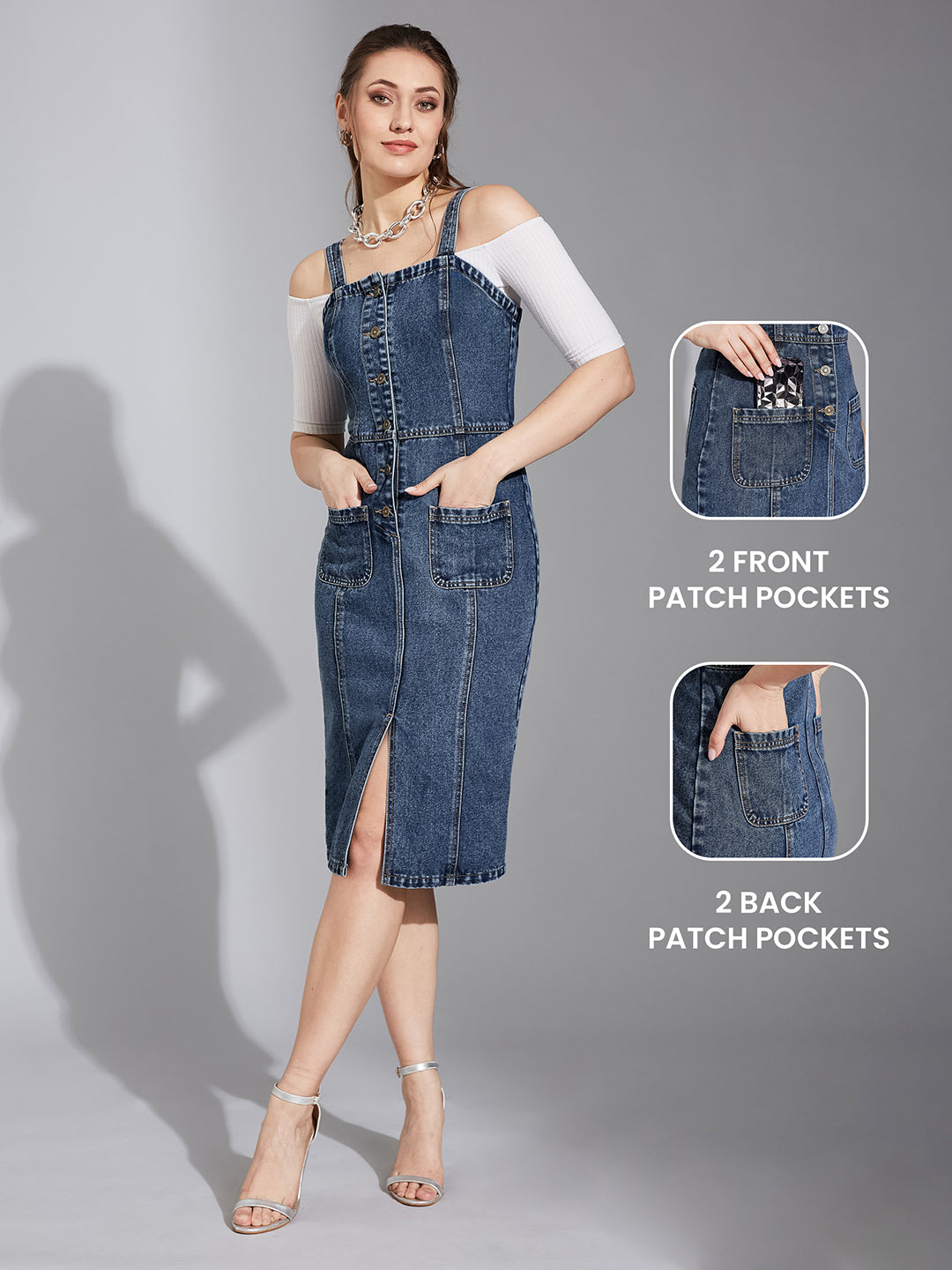 Women's Navy Blue Slim Midi Denim Dress