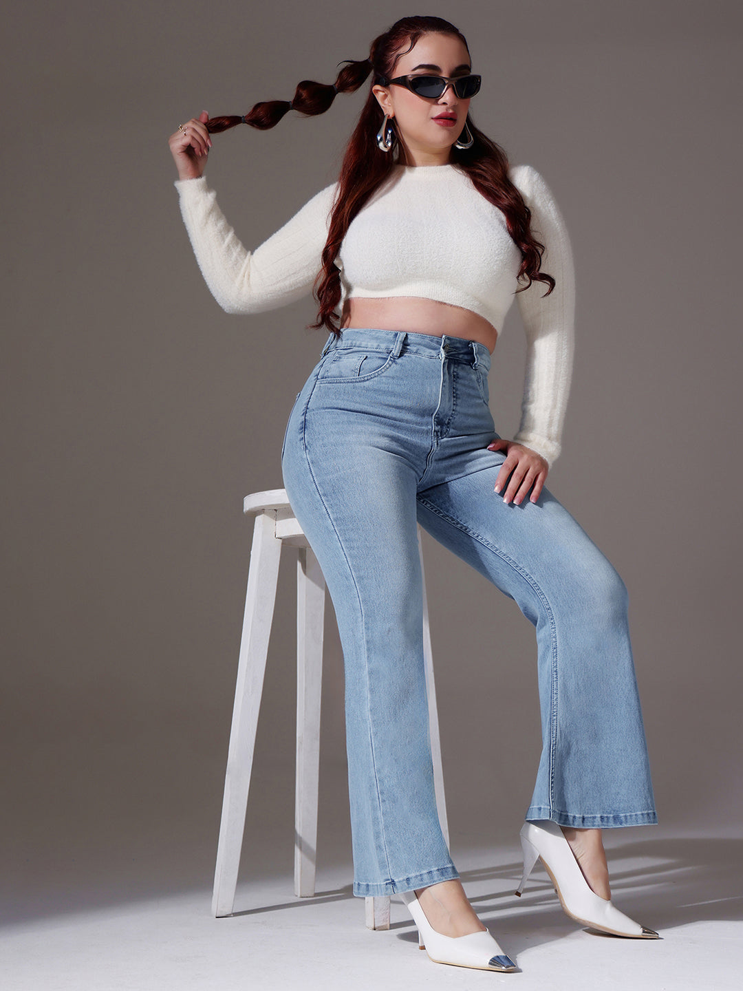 24/7 Comfort Women's Light Blue High Rise Clean Look Regular Stretchable Denim Bootcut Shaping Jeans