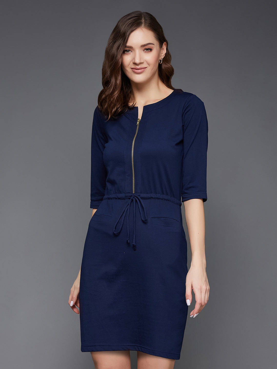 Women's Navy Blue Round Neck 3/4 Sleeves Cotton Solid Mini Shift Dress