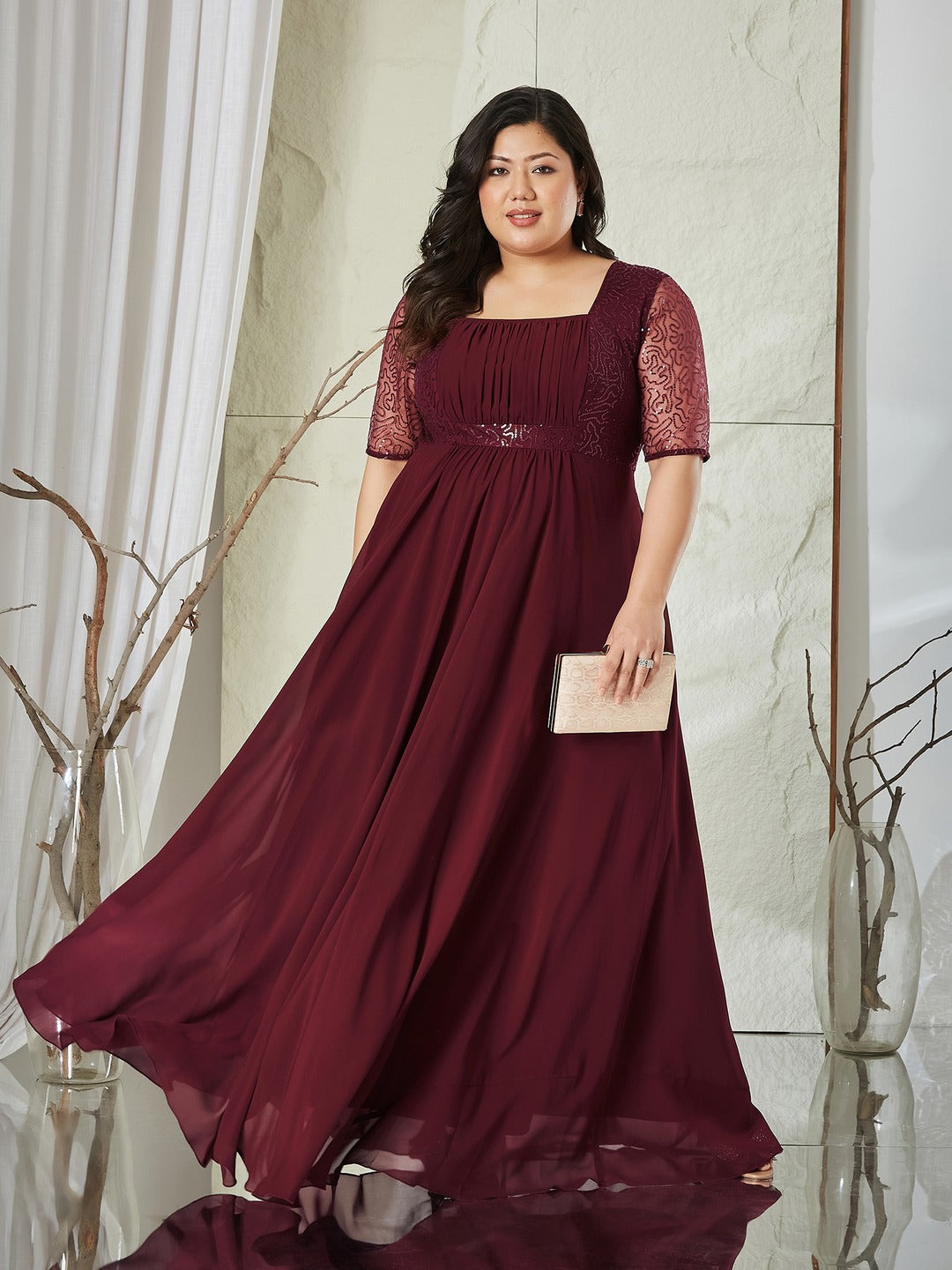 Wine Square Neck Half Sleeve Solid Embellished Maxi Dress for Women