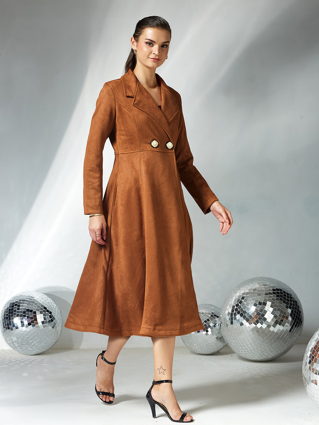 Women's Brown Solid V-Neck Full Sleeves Side Pocketed Polyester Double Breasted Longline Jacket