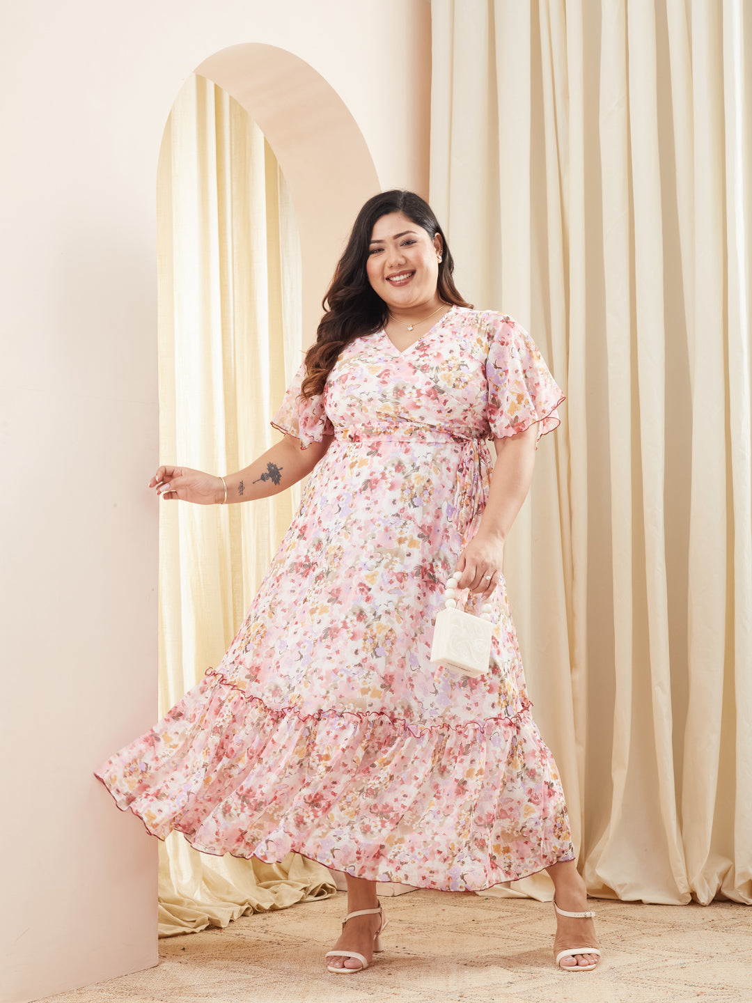 Pink V-Neck Flared Sleeve Floral Wrap Chiffon Maxi Dress for Women