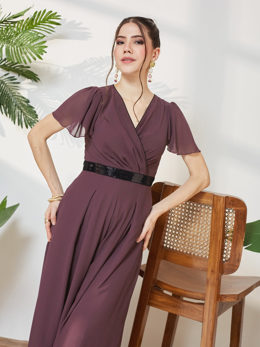Mauve Solid Relaxed Fit Short Sleeve V-Neck Ankle-Length Straight Jumpsuit  for Women