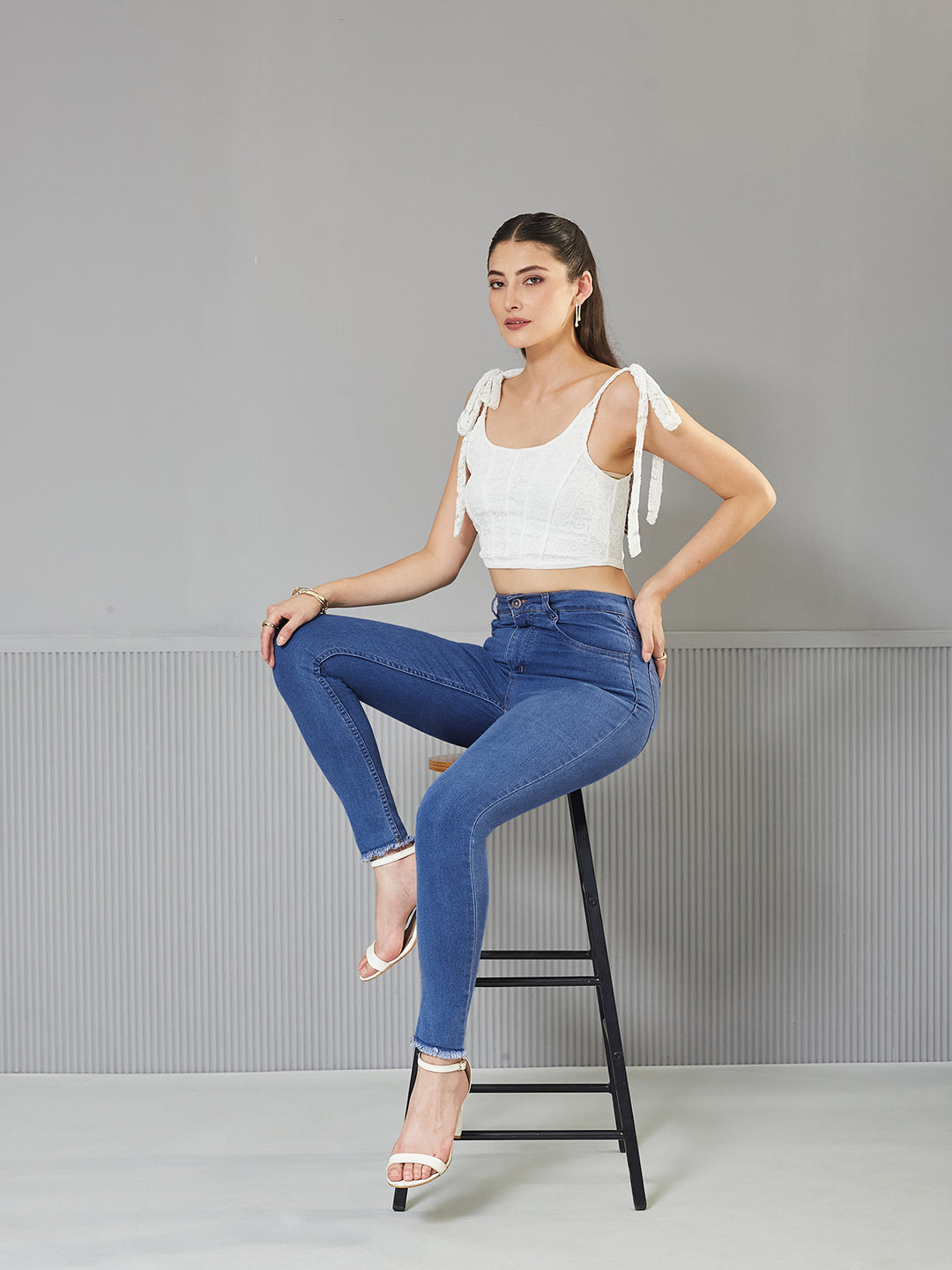 24/7 Comfort Mid-Blue Skinny-Fit High-Rise Cropped Length Fringe Detailing Stretchable Denim Jeans for Women