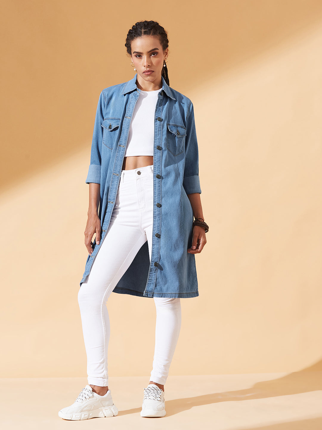 Blue Polo Neck Full Sleeves Denim Knee-Long Shrug for Women