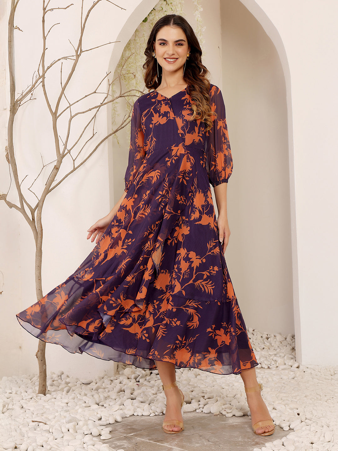 Women's Multicolored-Base-Purple V-Neck 3/4 Sleeve Floral Wrap Chiffon Midi Dress