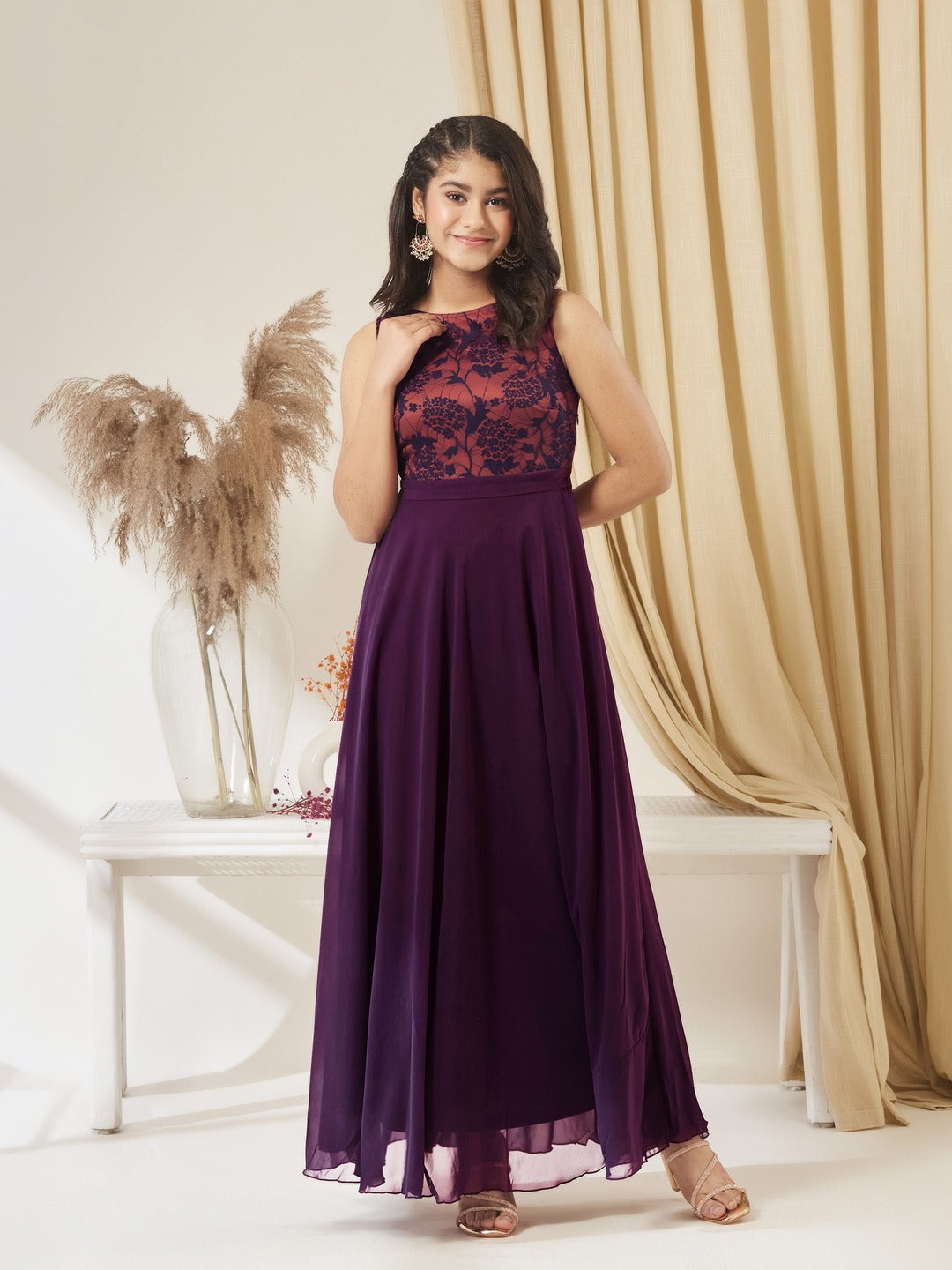 Dark Purple Round Neck Sleeveless Georgette & Lace Floral Fit & Flare Maxi Dress for Girls/Teenagers