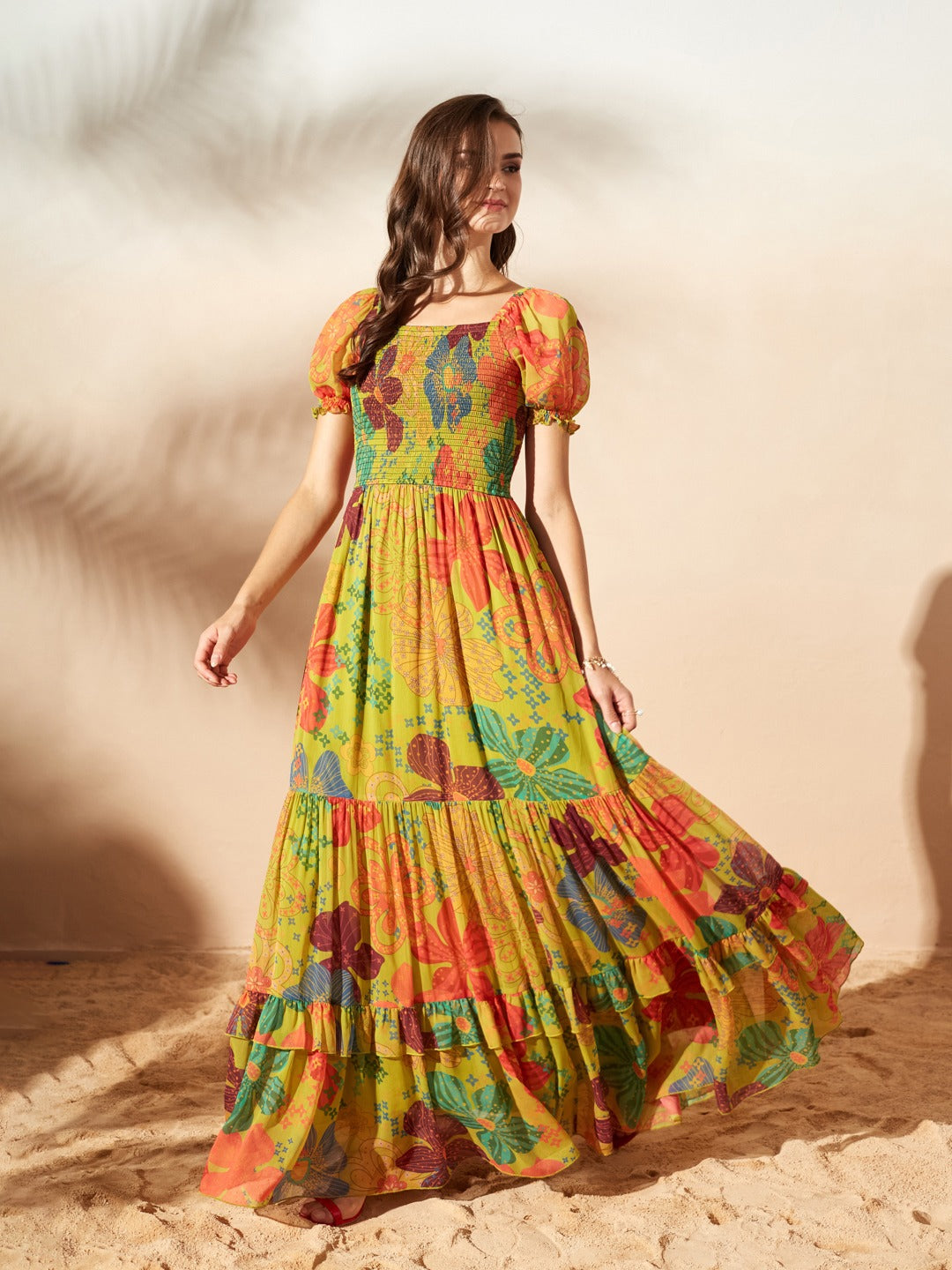 Lime Green Square Neck Puff Sleeve Floral Fit And Flare Maxi Chiffon Dress for Women