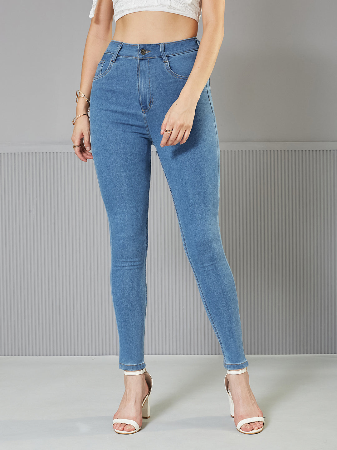Women's Blue Solid Skinny High-Rise  Cropped Fringe Detailing Solid Stretchable Denim Jeans