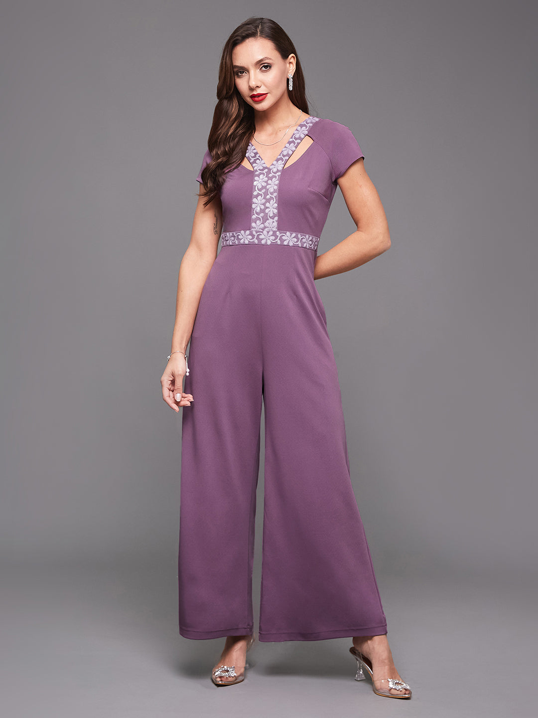 Women'S Dark Lavender V Neck Raglan Sleeve Embellished Regular-Length Polyester Solid Jumpsuit