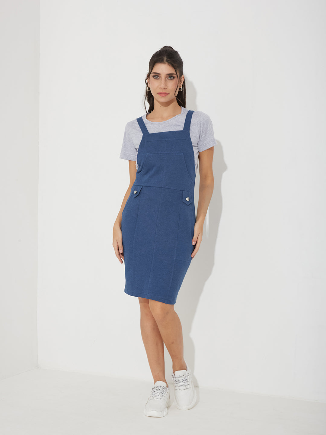 Blue Round Neck Half Sleeve Solid Pinafore Knee-Long Cotton Dress Co-Ord Set for Women — Miss Chase