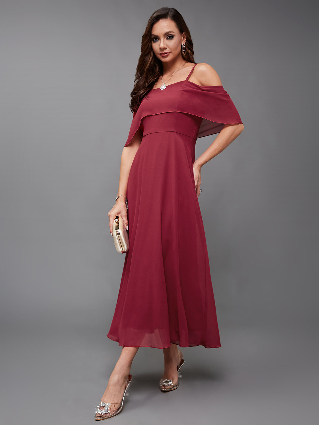 Women's Maroon Off-Shoulder Sleeveless Solid Skater Midi Dress