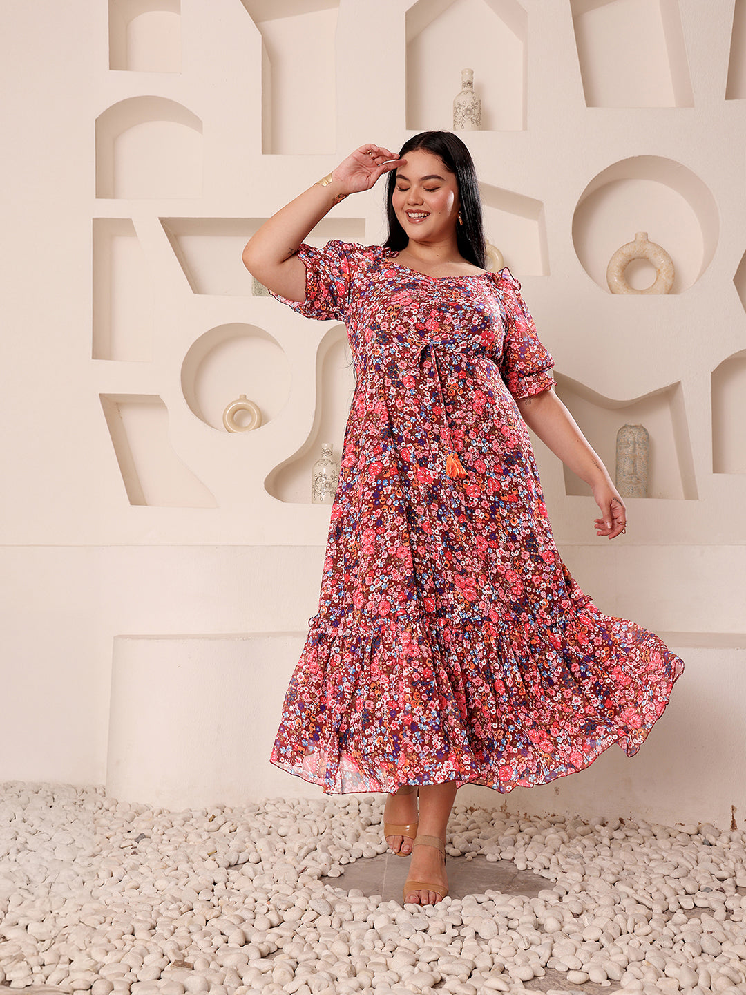 Body Bliss Multicolored-Base-Wine V-Neck Puff-Sleeves Floral Ruching Ankle-Length Dress