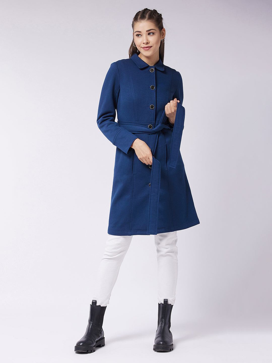 Women's Navy Blue Collared Full Sleeve Solid Tie-up Longline Jacket