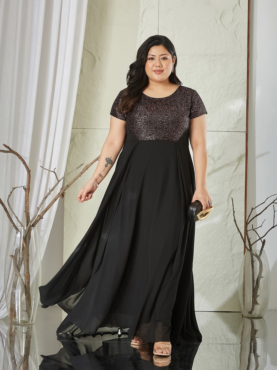 Black Round Neck Short Sleeve Embellished Fit & Flare Maxi Georgette Dress for Women