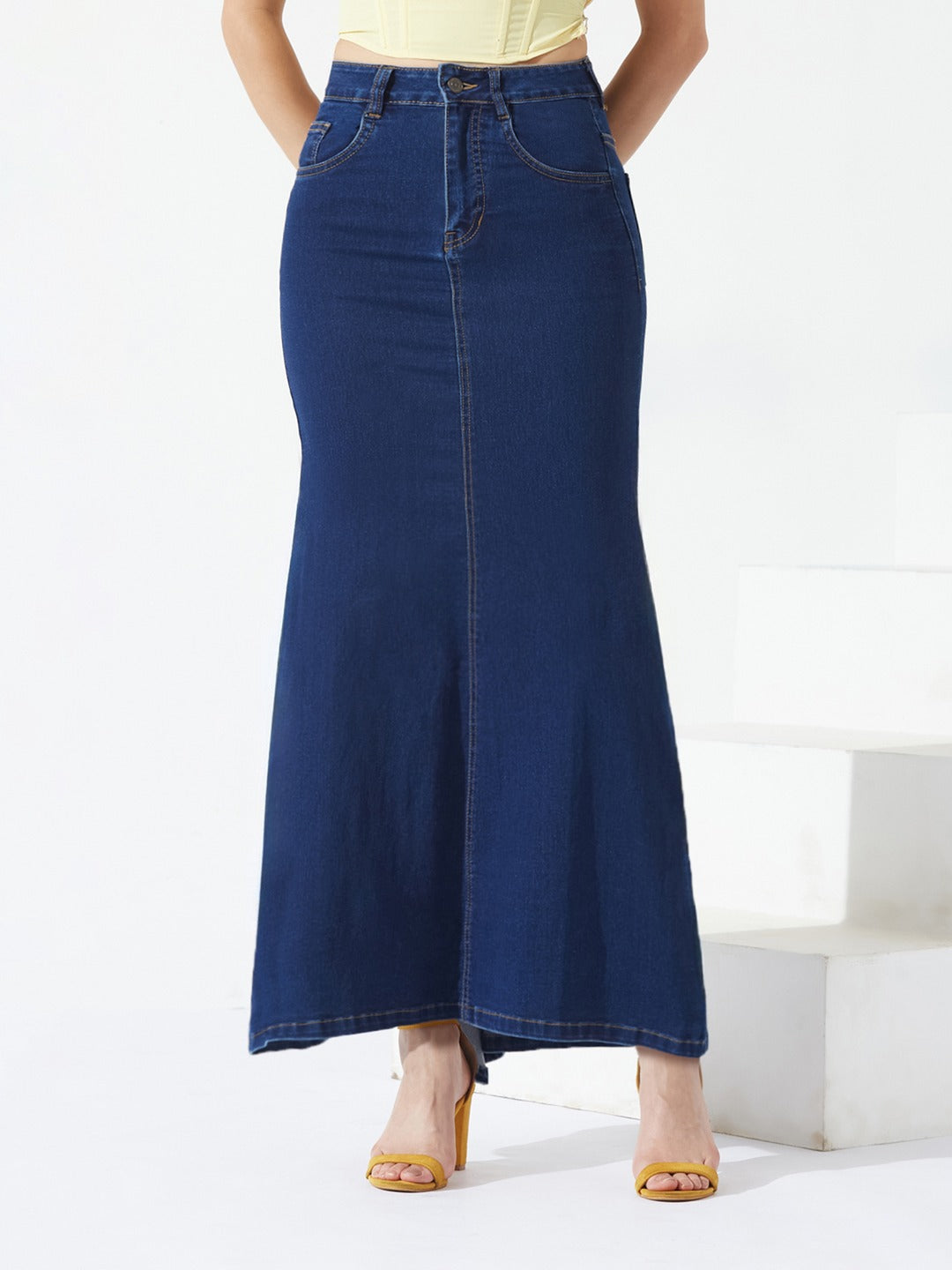 Dark Blue Flared High-Rise Stretchable Denim Maxi Skirt for Women