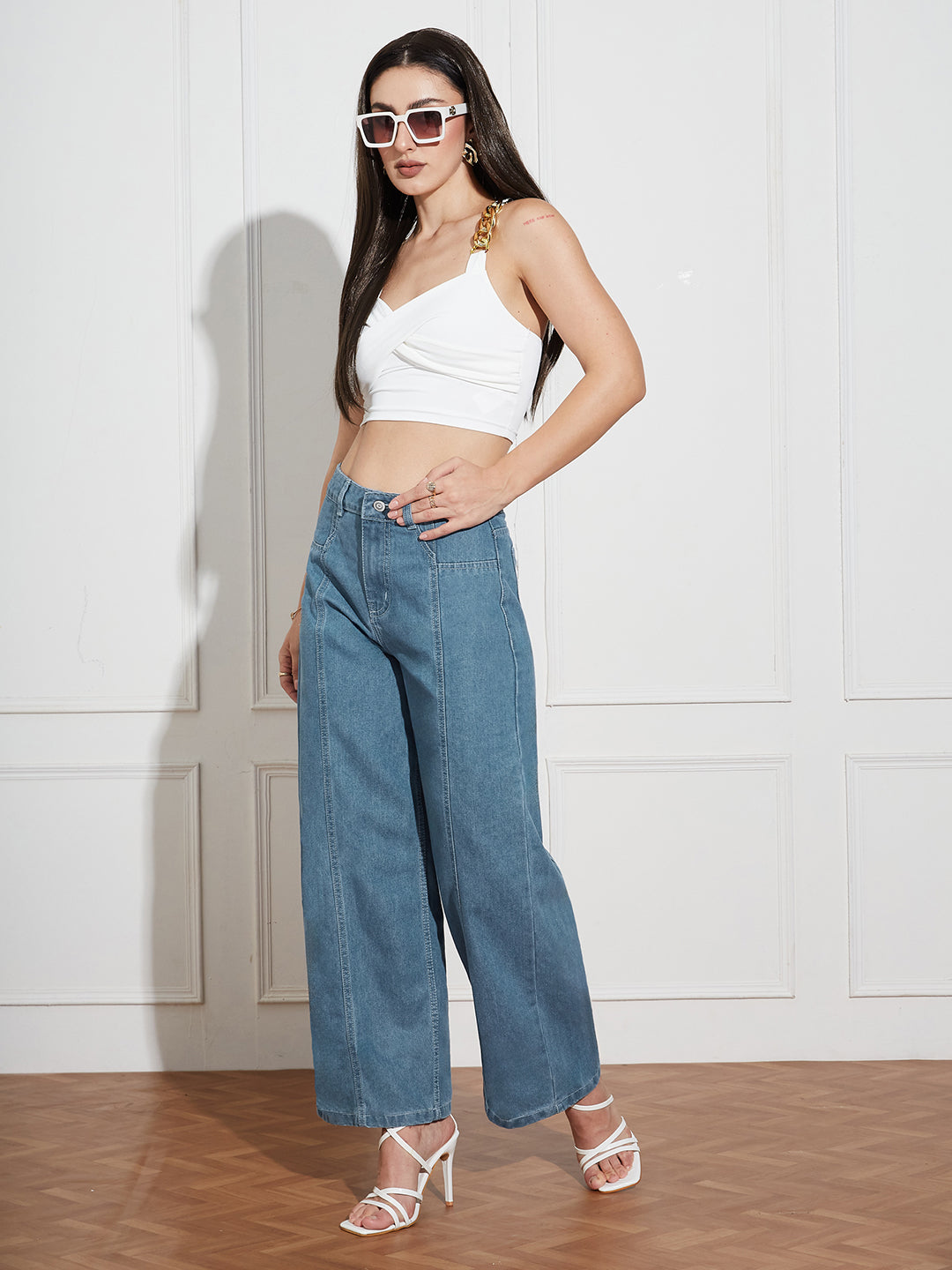 Women's Blue Wide-Leg High-Rise Clean-Look Regular-Length Denim Jeans