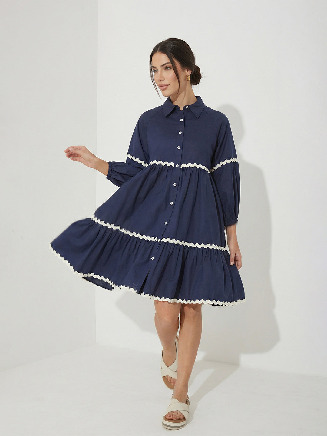 Navy Blue Cotton Shirt Dress with Balloon Sleeves and Classic Collar for Women