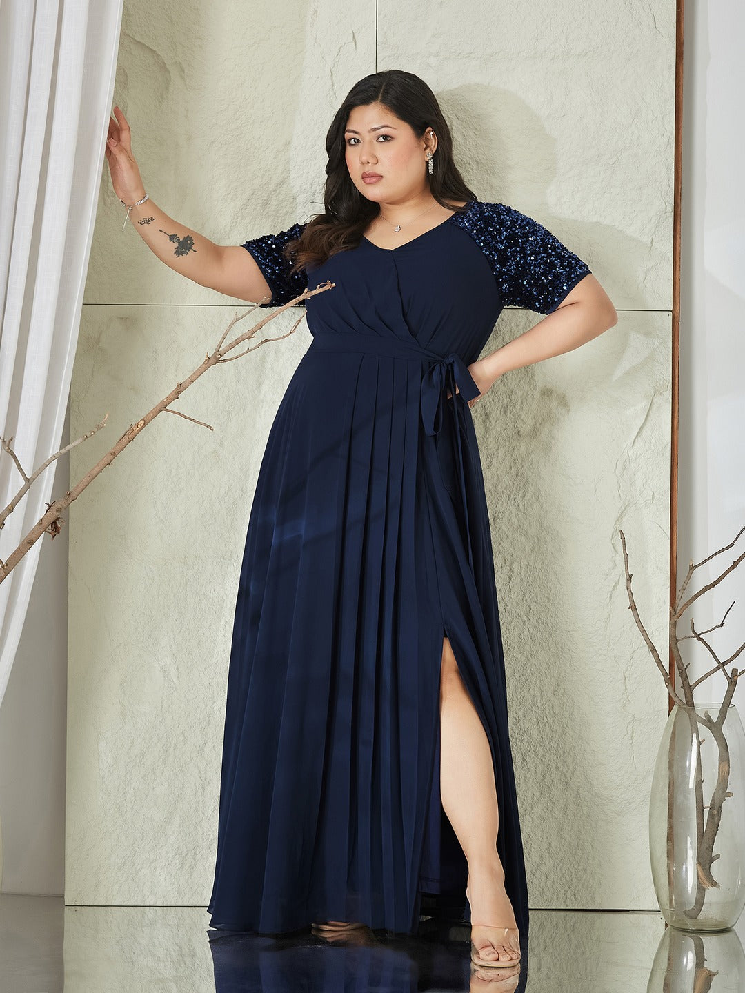 Navy Blue Relaxed Fit Maxi Georgette Dress for Women