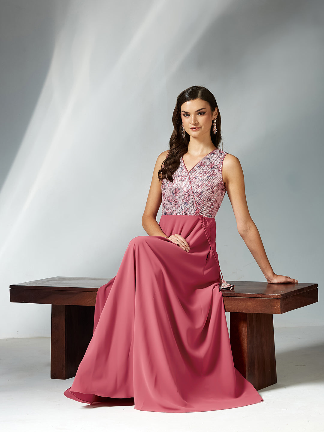 Pink V-Neck Sleeveless Floral Embellished Fit & Flare Maxi Georgette Dress for Women