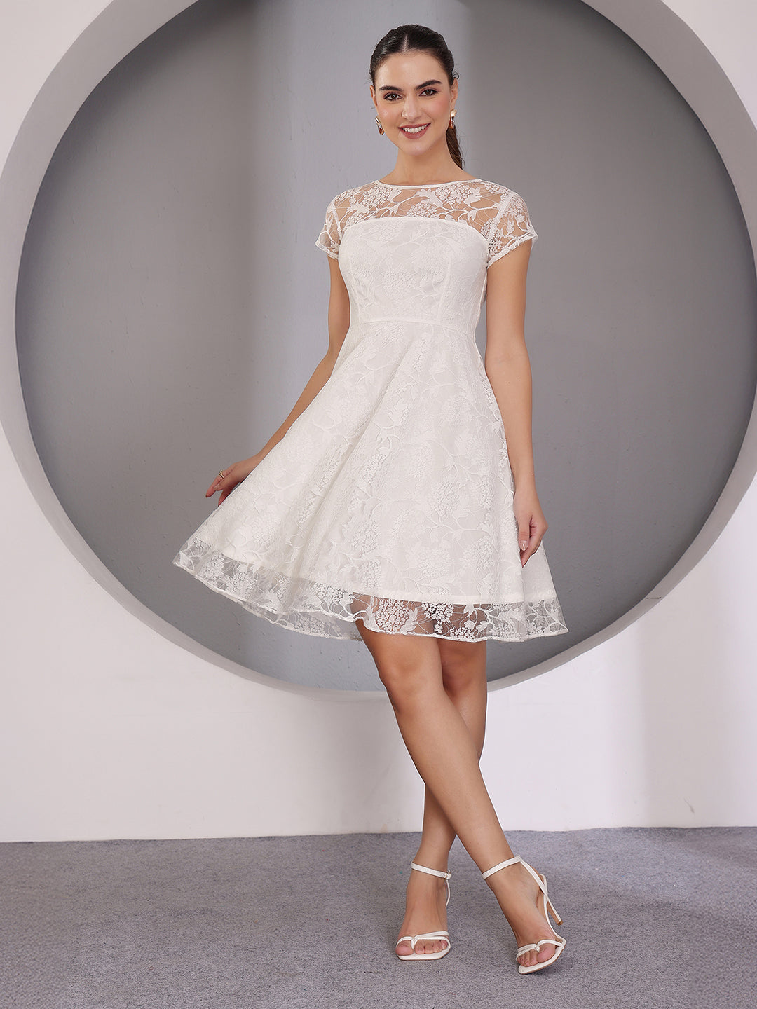 Women's Off White Round Neck Cap Sleeve Self-Designed Skater Mini Dress