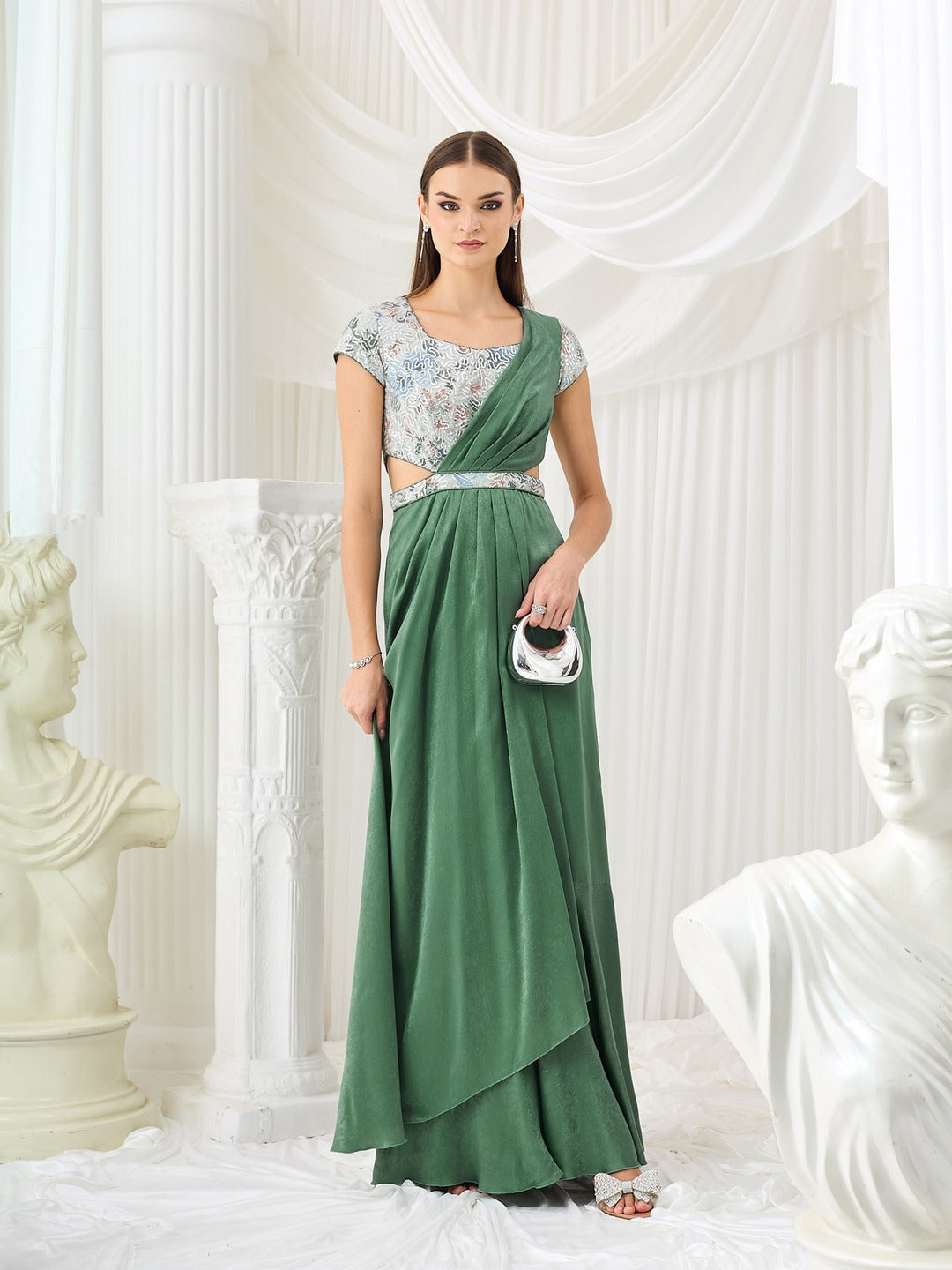 Siege Green Sweetheart Short Sleeve Embellished Pleated Satin Maxi Dress for Women