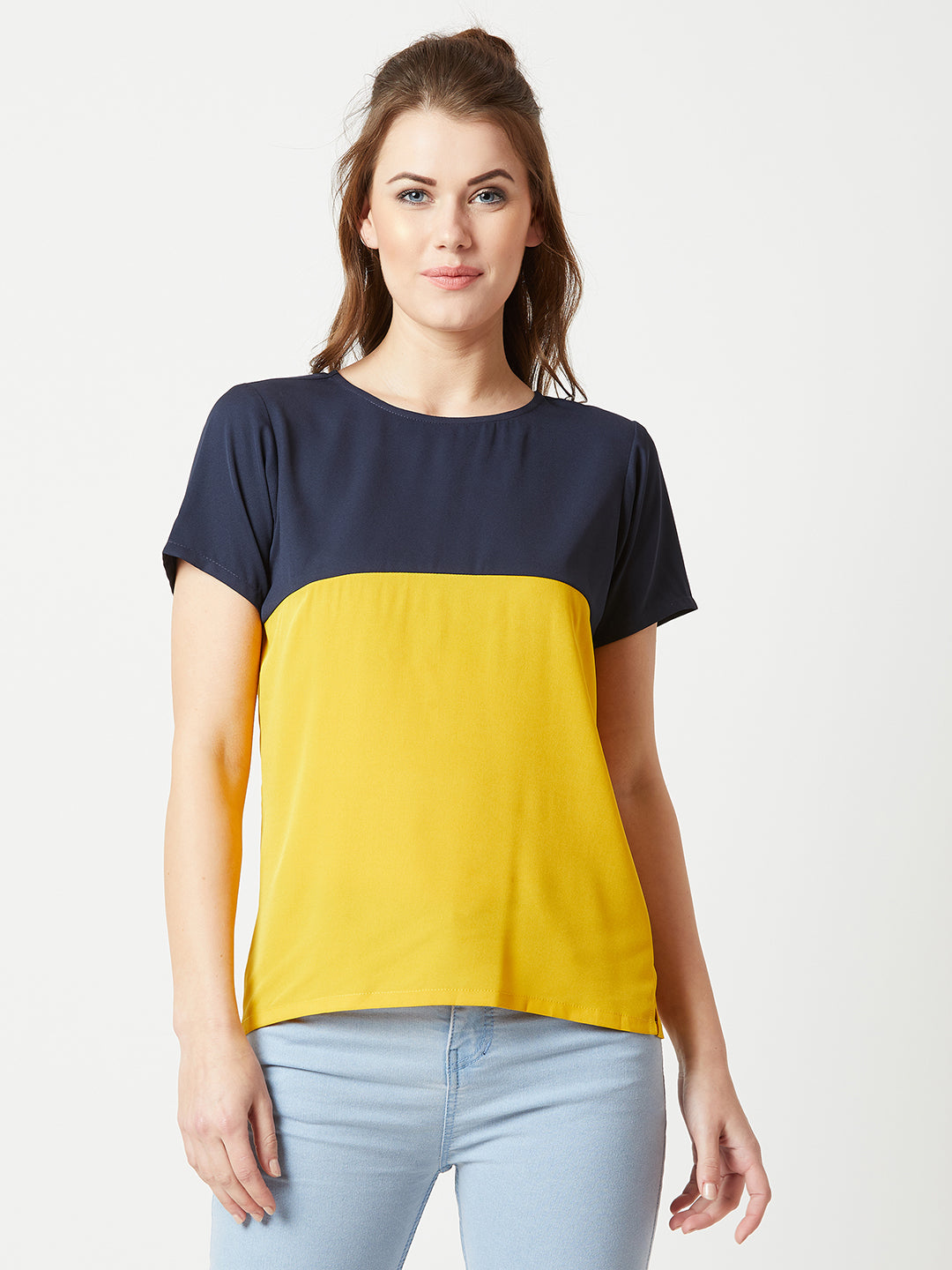 Women's Multicolored With A Navy Blue Base Round Neck Short Sleeve Solid Boxy Color block Top