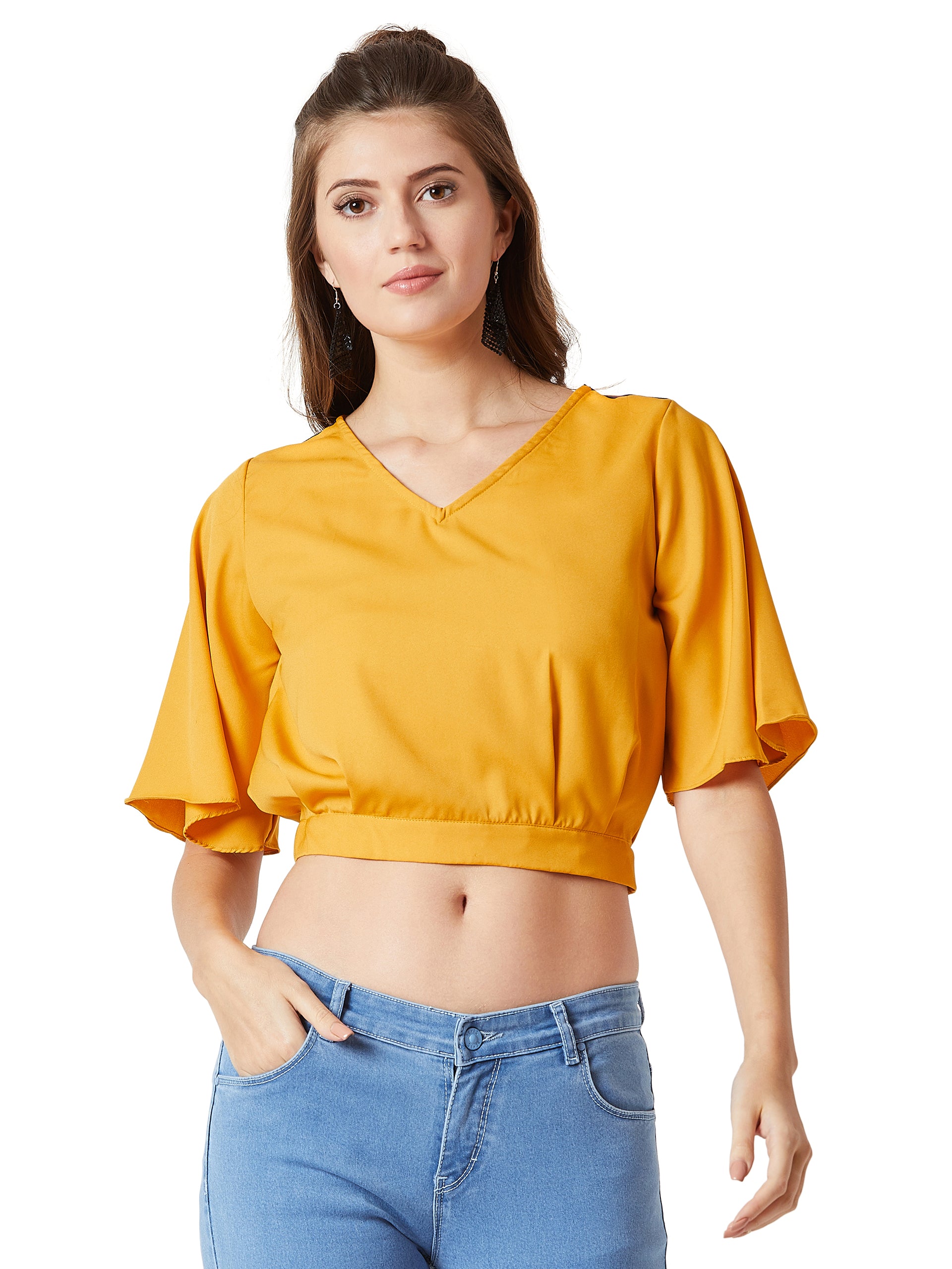 Women's Yellow V-Neck Flared Sleeves Solid Blouson cropped Top