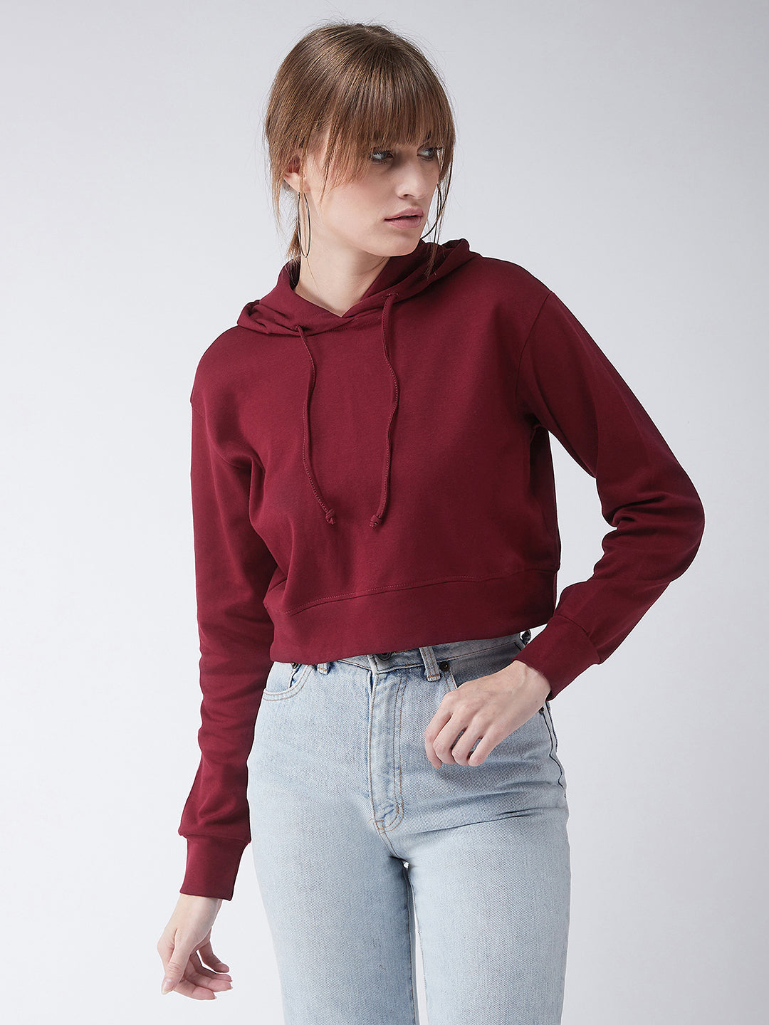 Women's Maroon Solid Round Neck Full Sleeve Hooded Boxy Crop Sweatshirt