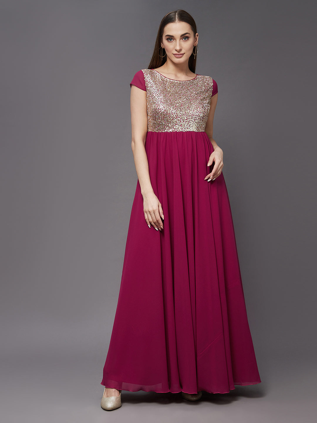 Women's Pink & Golden Round Neck Cap Sleeve Embellished Fit & Flare Maxi Dress