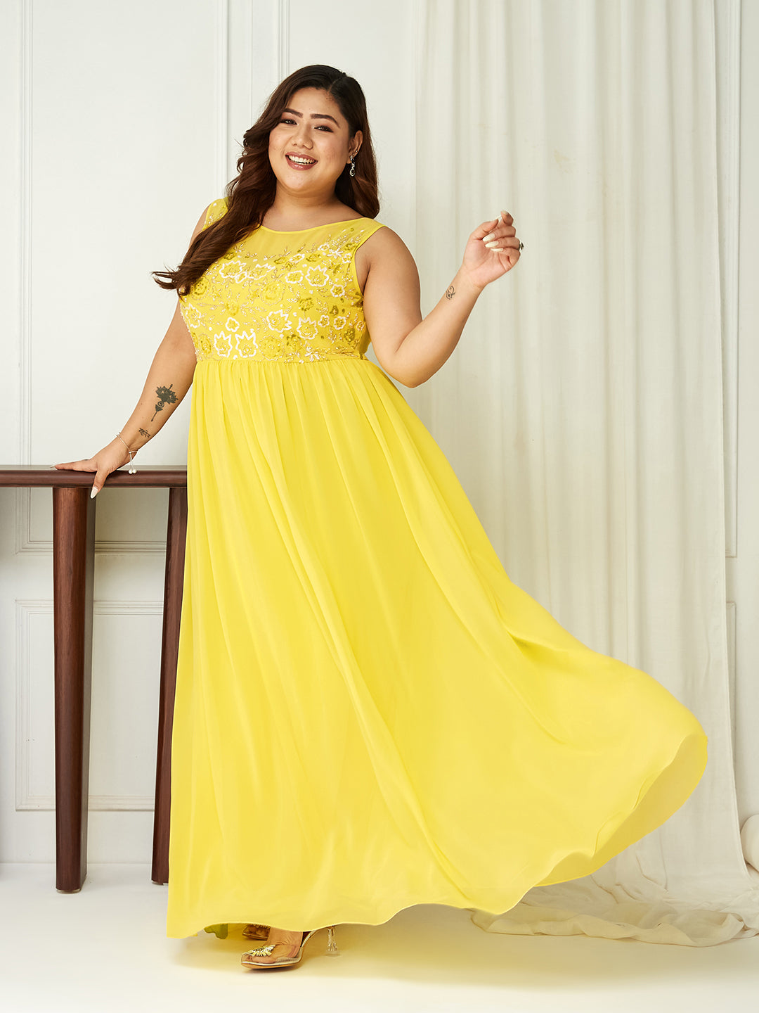 Women's Light Yellow Boat Neck Sleeveless Embroidered Georgette Gathered Maxi Dress