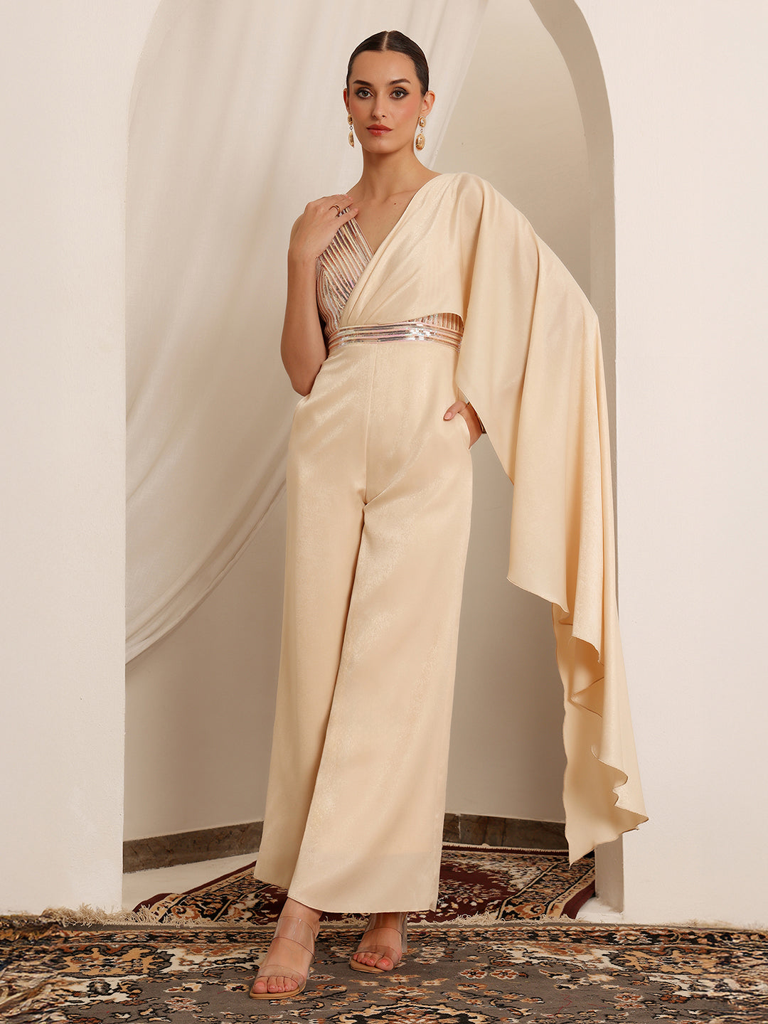 Women's Ivory V-Neck Sleeveless Embellished Pleated Satin Jumpsuit