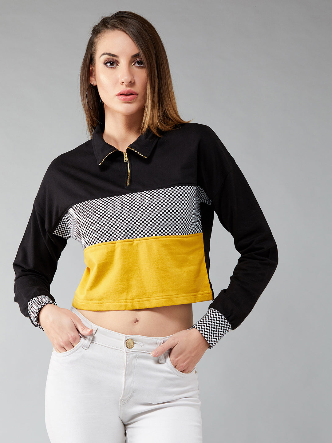 Women's Multicolor-Base Black Round Neck Full Sleeves Ribbed Checkered Boxy Crop Color-blocked Sweatshirt