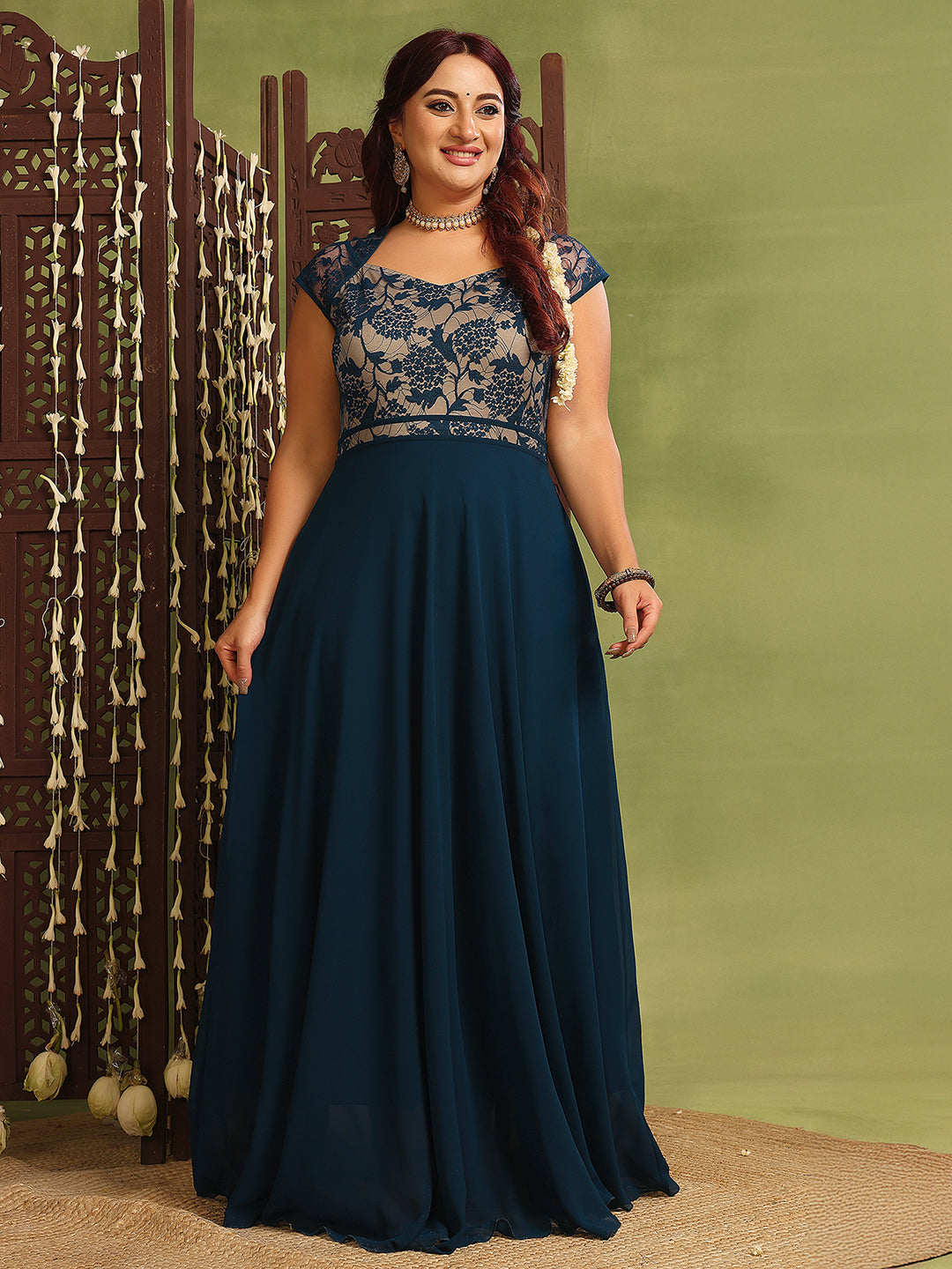 Women's Teal Floral V-Neck Cap-Sleeves Lace-Overlaid Fit & Flare Paneled Maxi Dress