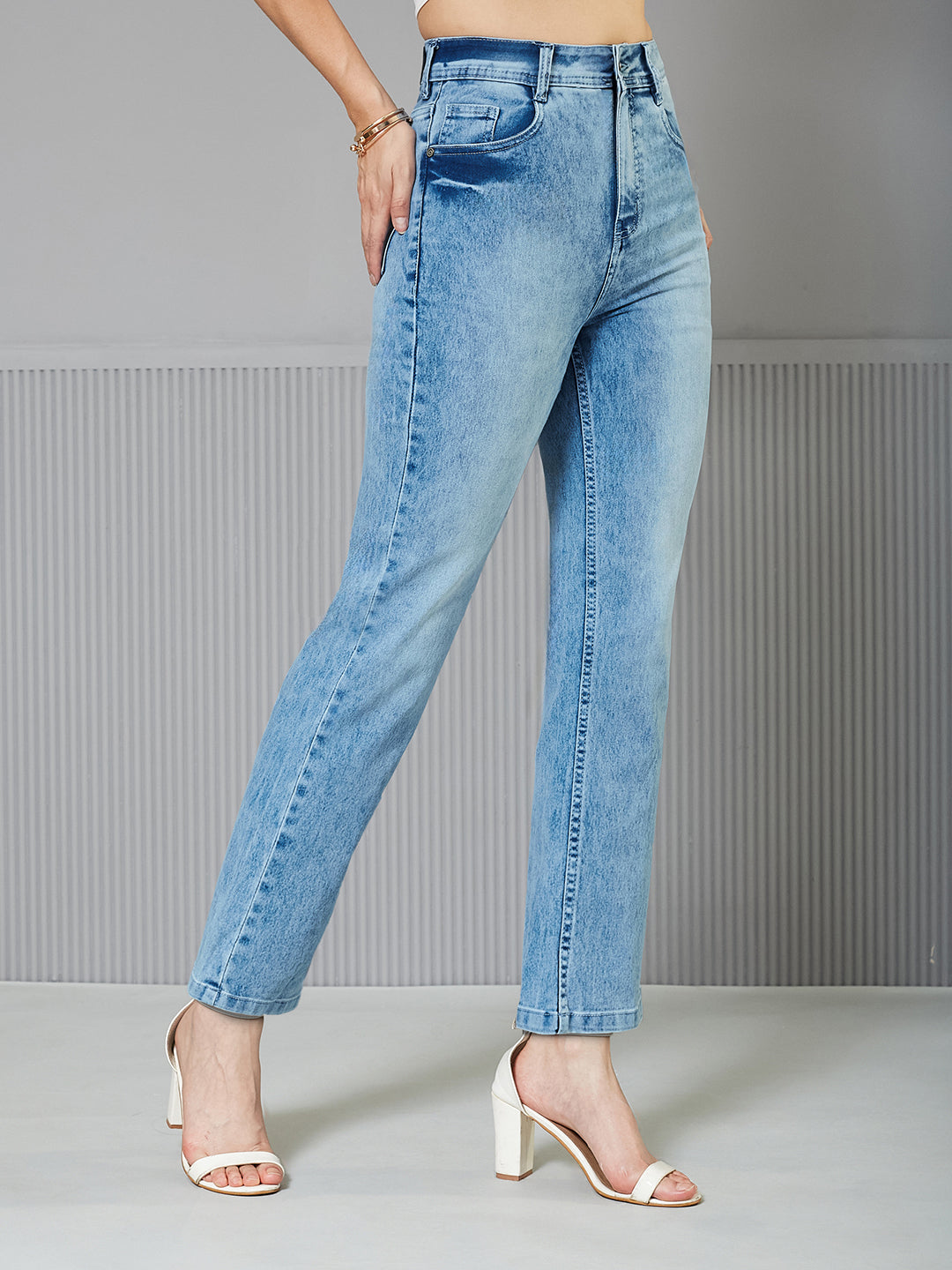 Women's Light Blue Wide-Leg Fit High-Rise clean-look Regular-Length Stretchable Denim Jeans