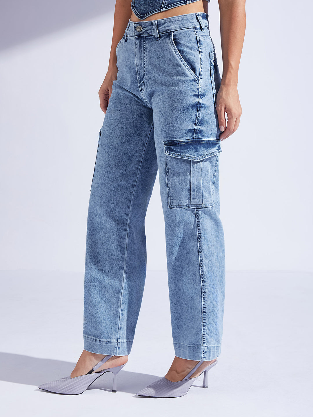 Women's Light Blue Wide-Leg High-Rise Stretchable Flared Cargo-Style Denim Jeans