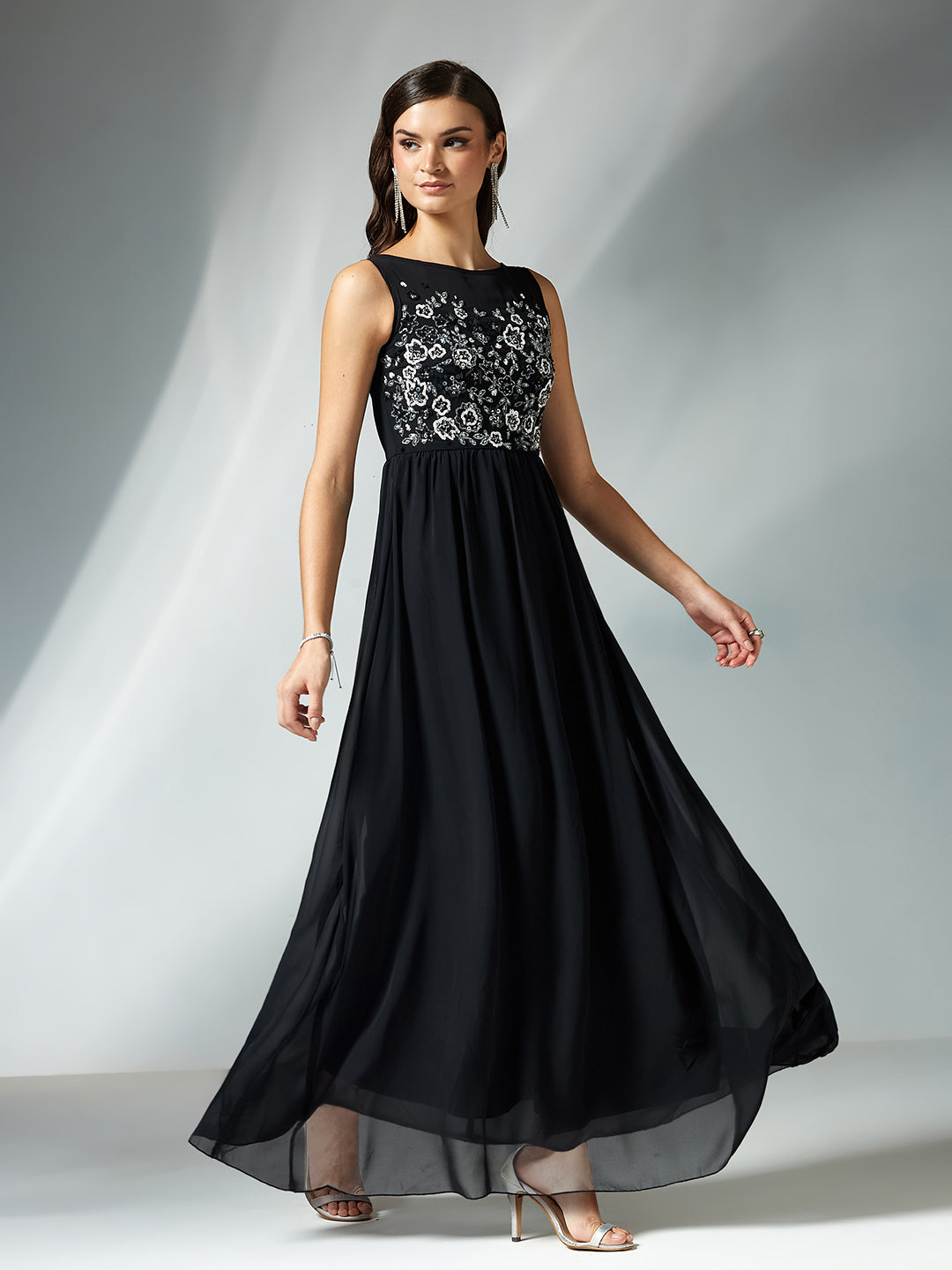 Women's Black Boat Neck Sleeveless Solid Embellished Maxi Dress