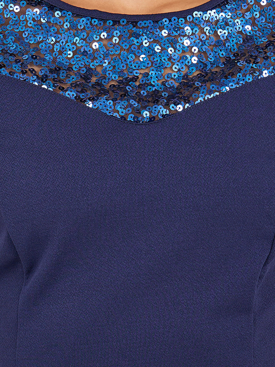 Women's Navy Blue Round Neck Cap Sleeves Sequin Panelled Solid Bodycon Maxi Dress