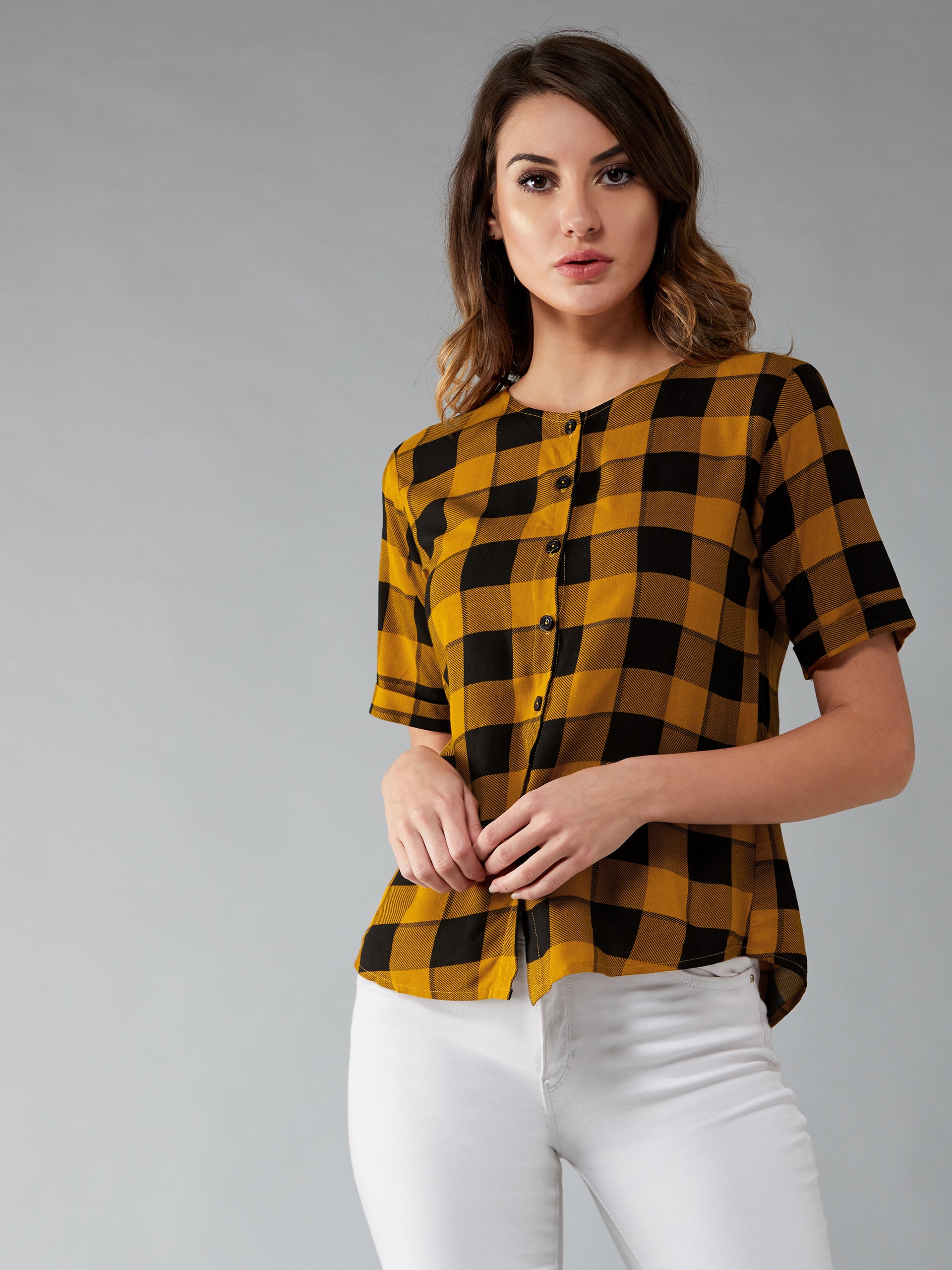 Women's Black & Mustard Round Neck Half Sleeve Checkered Boxy Regular Length Shirt