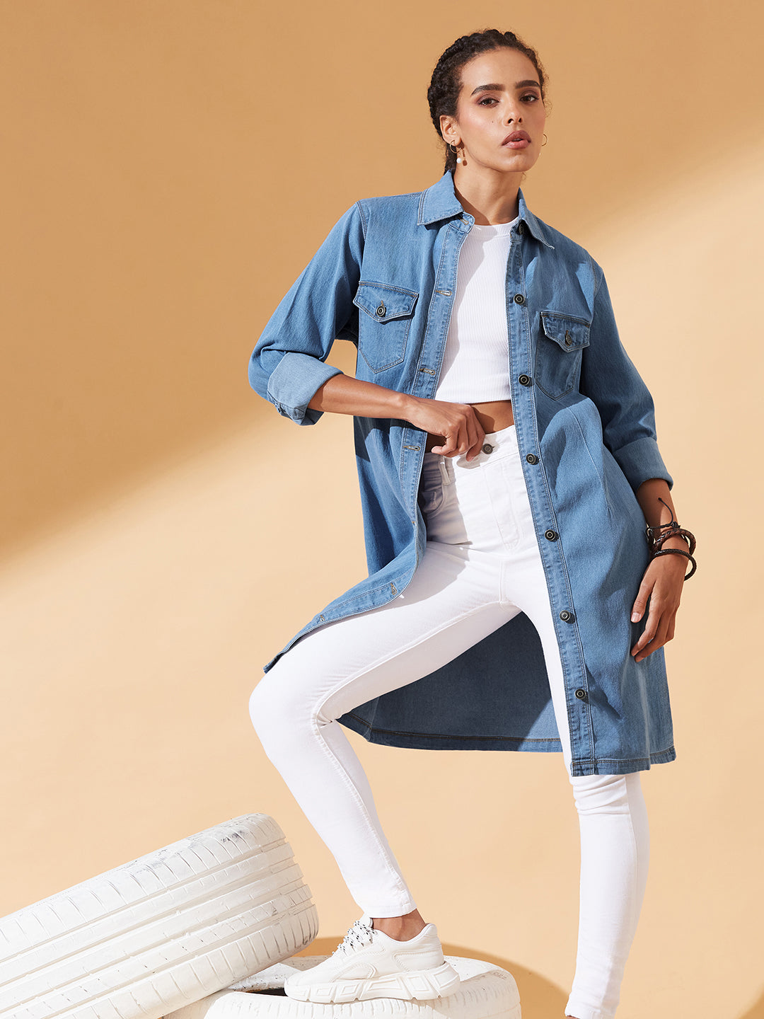 Blue Polo Neck Full Sleeves Denim Knee-Long Shrug for Women