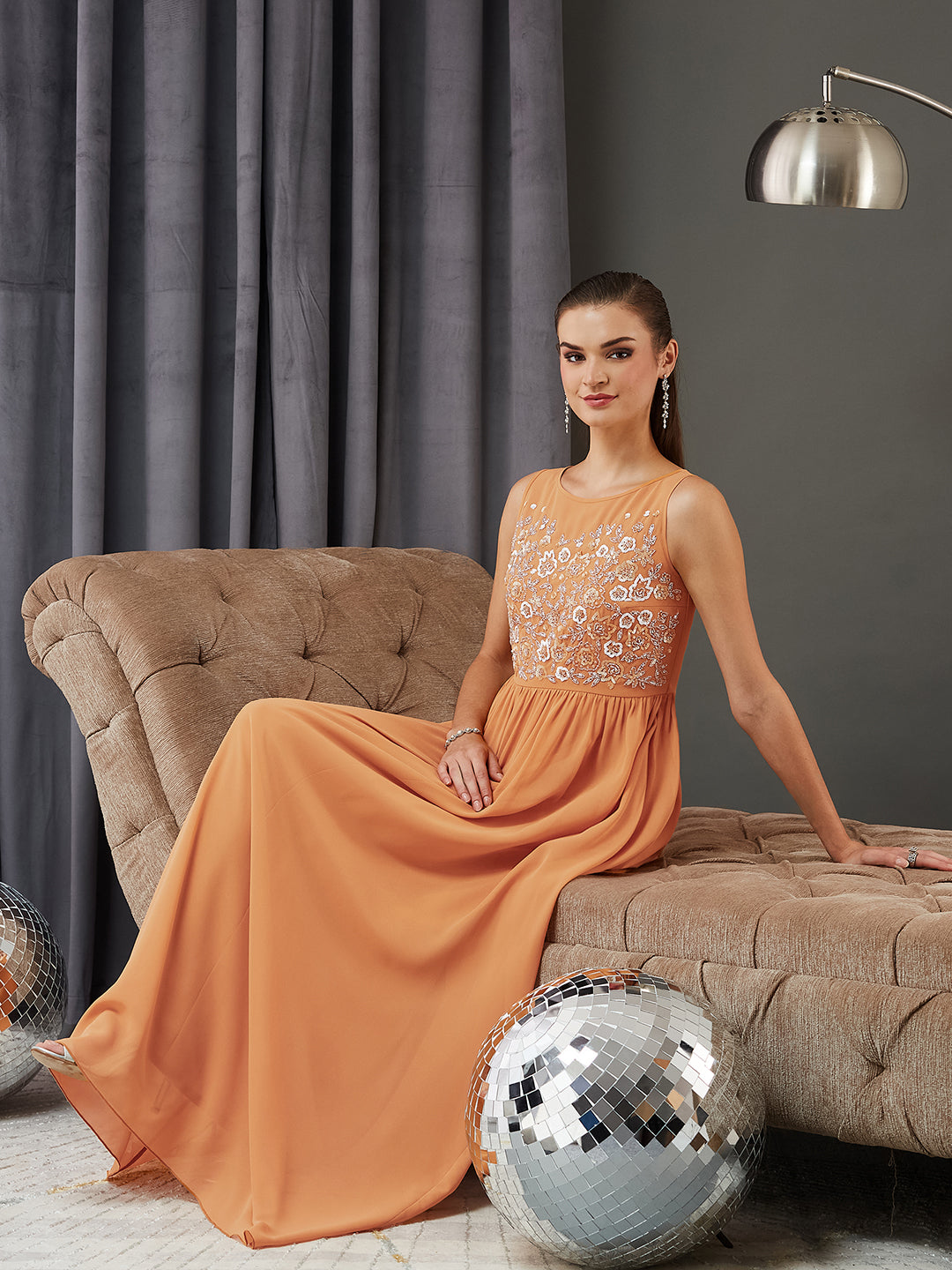 Women's Dusty Orange Boat Neck Sleeveless Embroidered Georgette Gathered Maxi Dress