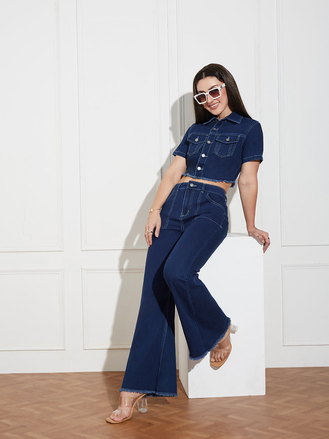 Women's Navy Blue Bootcut High-Rise Clean-Look Cropped Top, Regular Bottom Stretchable Denim Co-Ord Set