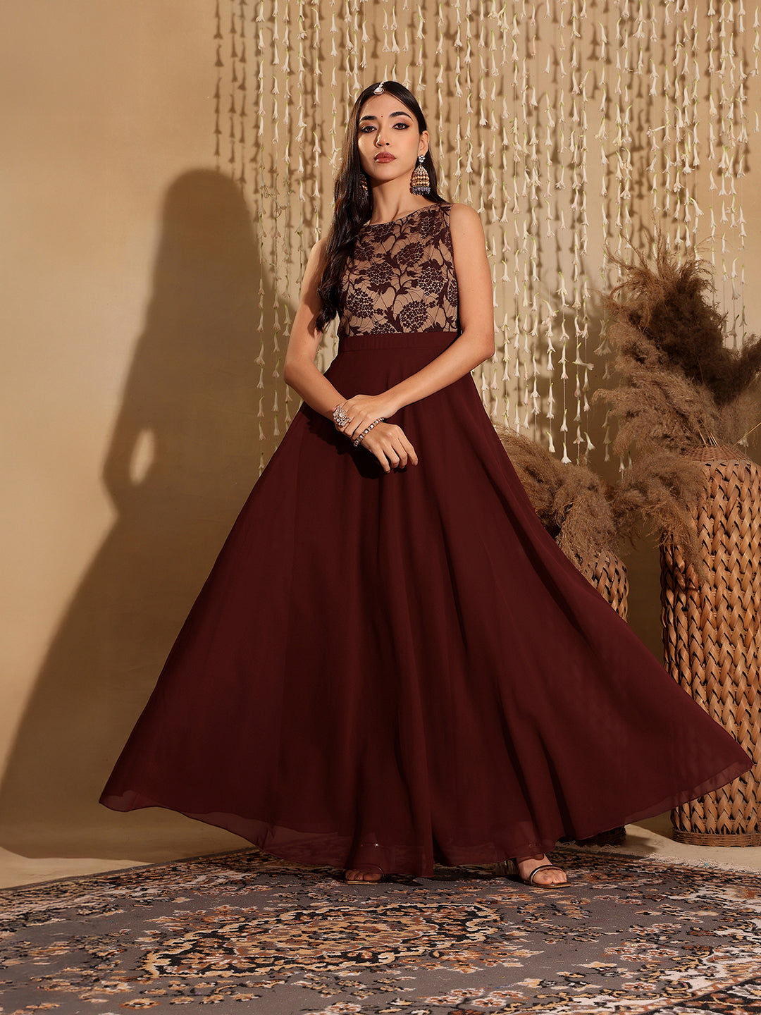 Women's Beige & Wine Round Neck Sleeveless Georgette Floral Lace Fit & Flare Maxi Dress