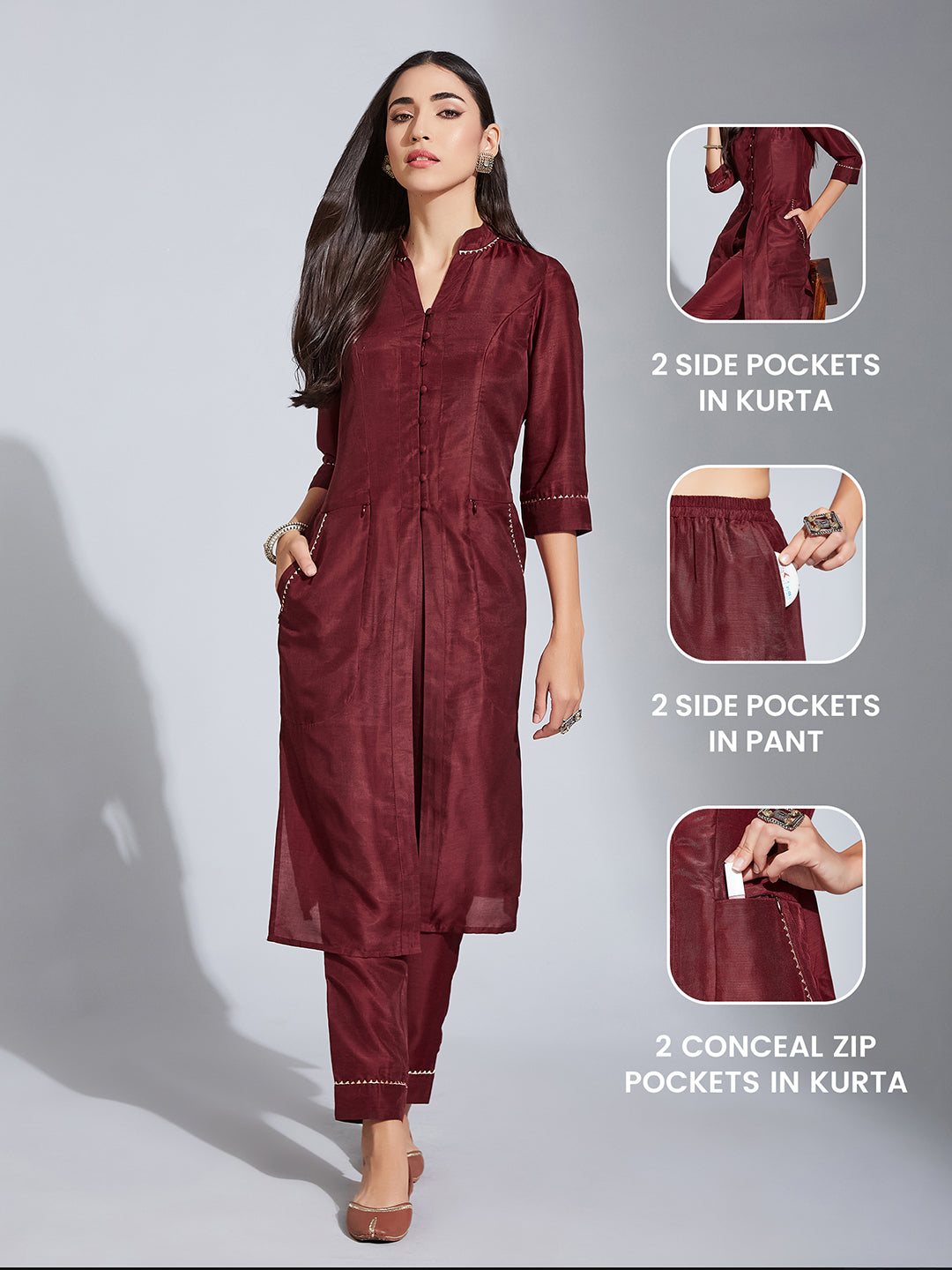 Women's Maroon Mandarine Collar Three-Quarter Sleeve Solid Regular-Length Rayon Silk Panelled Kurta Set