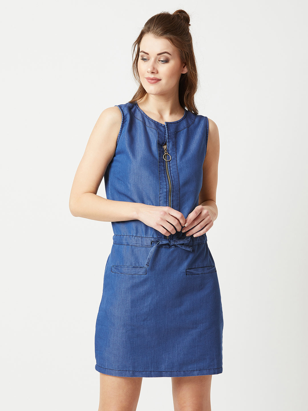 Women's Blue Polo Neck Sleeveless Denim Solid Midi Shift Dress