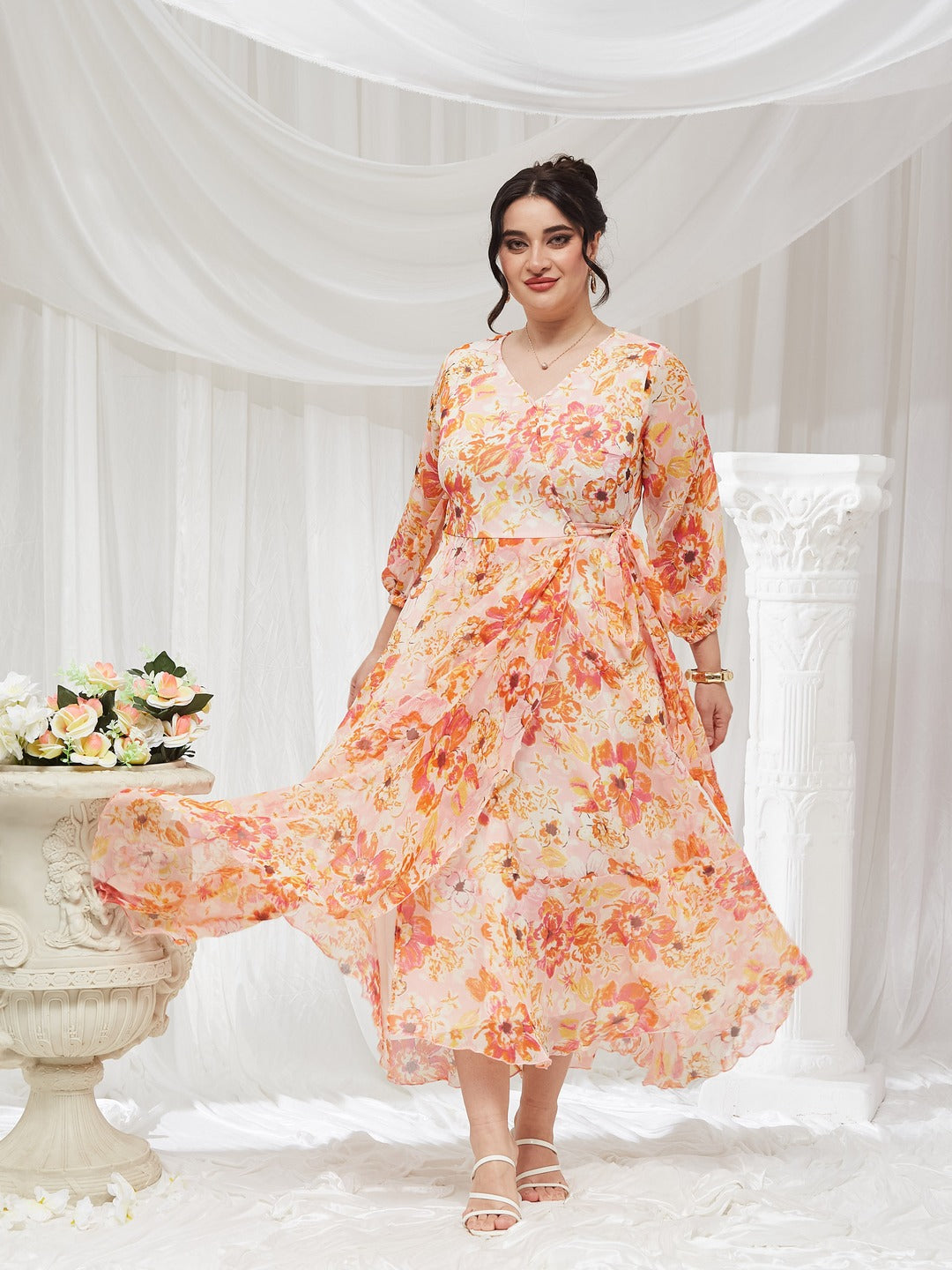 Women's Pink and Orange V-Neck Bishop Floral Layered Chiffon Maxi Dress